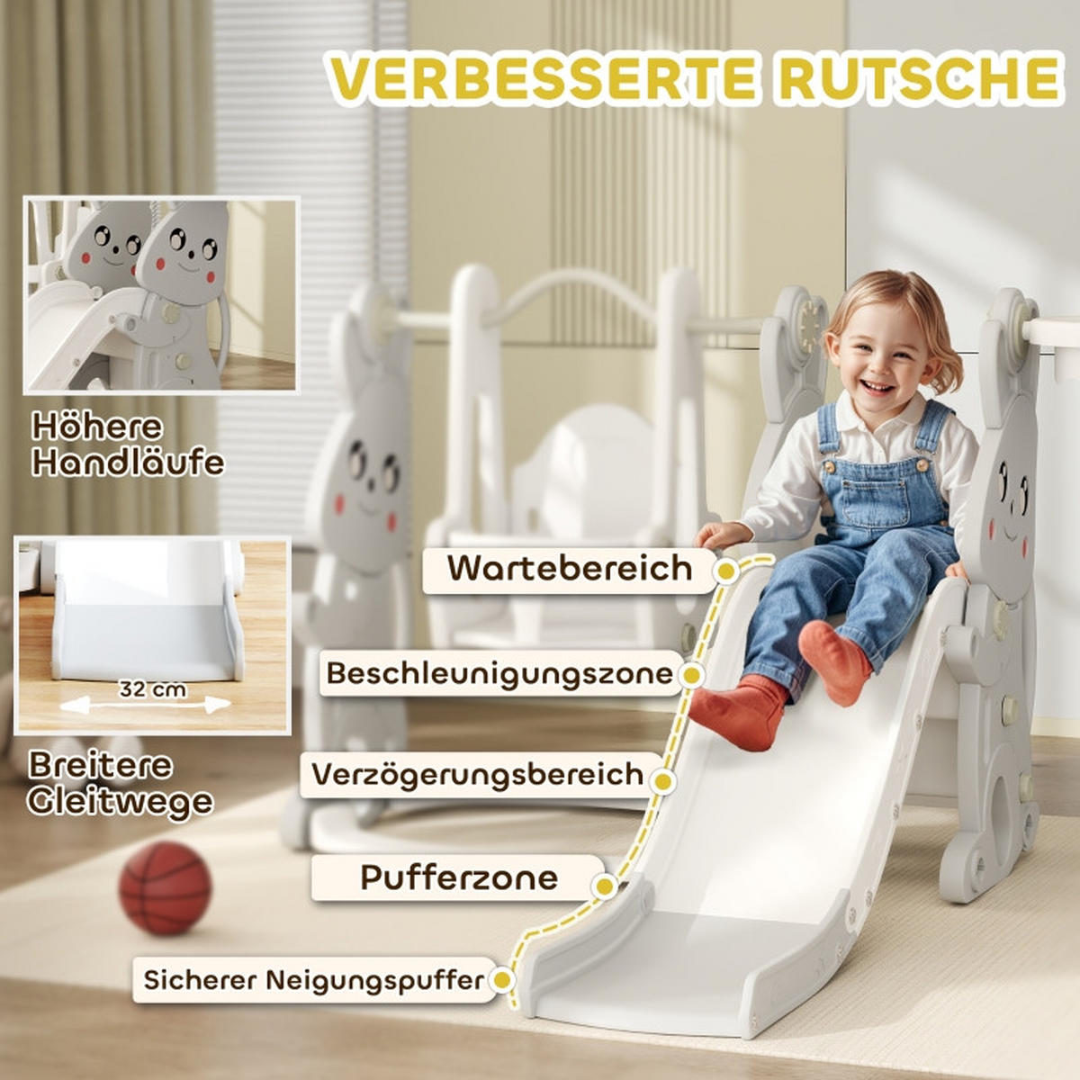 KINDERRUTSCHE 4-in-1 mit Schaukel und Basketballkorb für 1,5–4 Jahre Grau - Grau, Kunststoff (147.5/107/160cm) - Korfee
