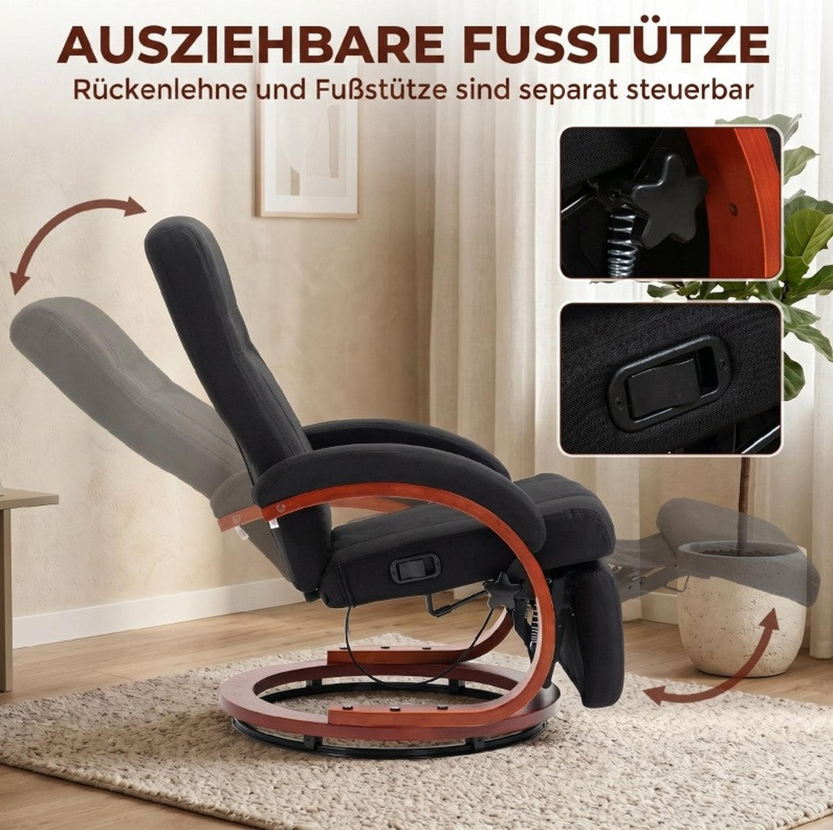 RELAXSESSEL in Schwarz 68x86x100 cm mit Liegefunktion, Fußstütze und 360°-Drehfunktion - Schwarz, Holz (86/100/68cm) - IVMEU