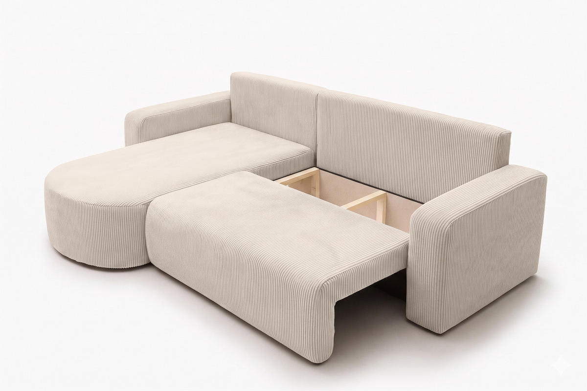 ECKSOFA Mit Schlaffunktion, Cordstoff Poso, Beige, Links, ROUND ONE XL - Creme, Holz (271/175cm) - Kaiser Möbel