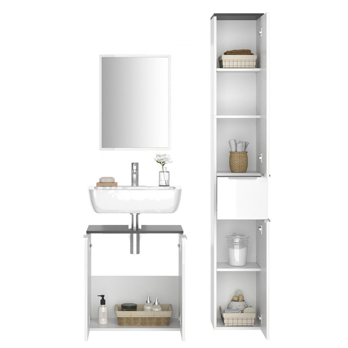 BADMÖBEL-SET Otis Weiß 3 Teile, mit Hochschrank - Weiß, Holzwerkstoff (58/60/33cm) - Vicco