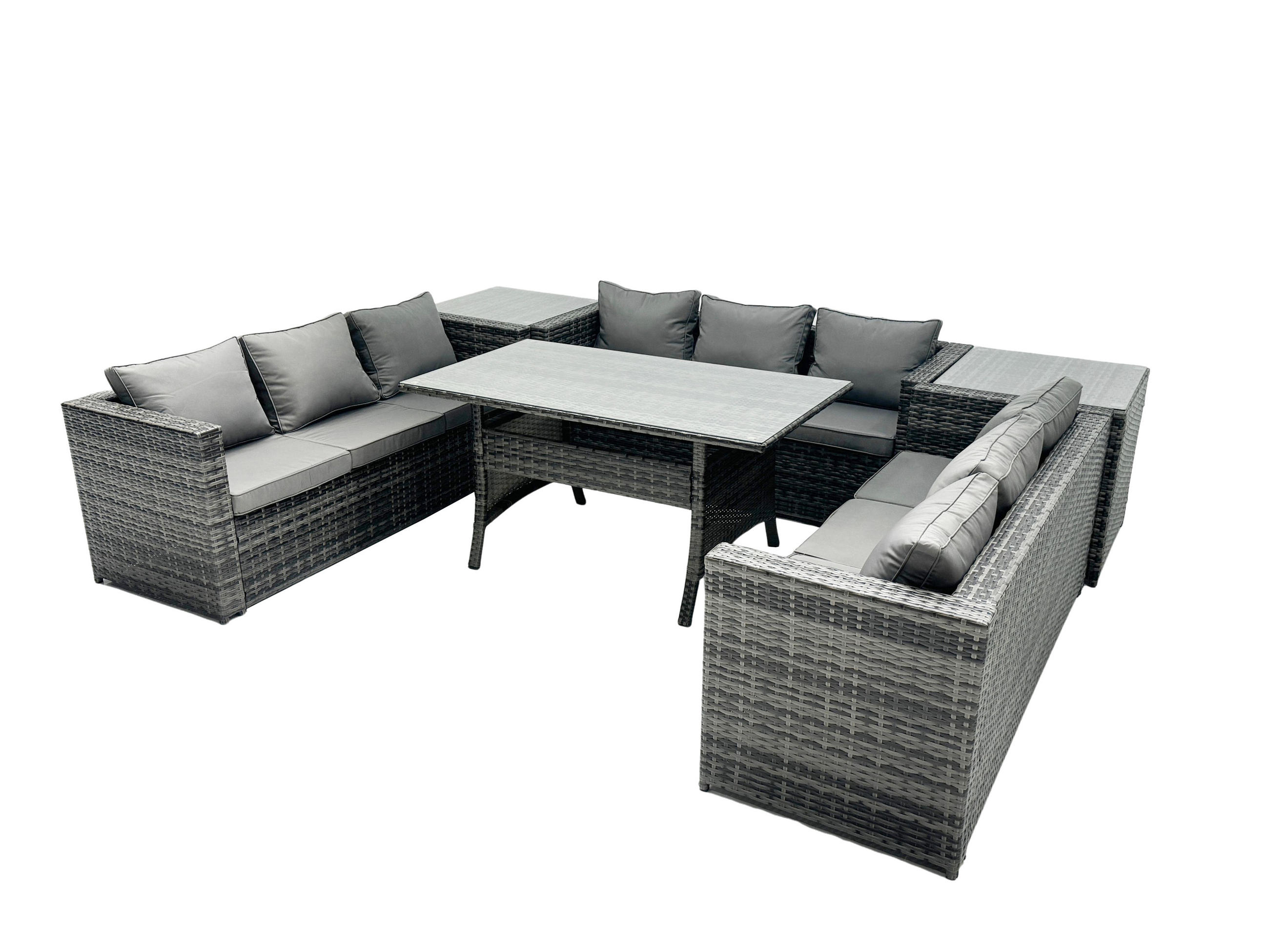 GARTENMÖBEL SET mit Beistelltischen,Esstisch Polyrattan 9-Sitzer - Dunkelgrau/Grau, Glas/Kunststoff - Fimous