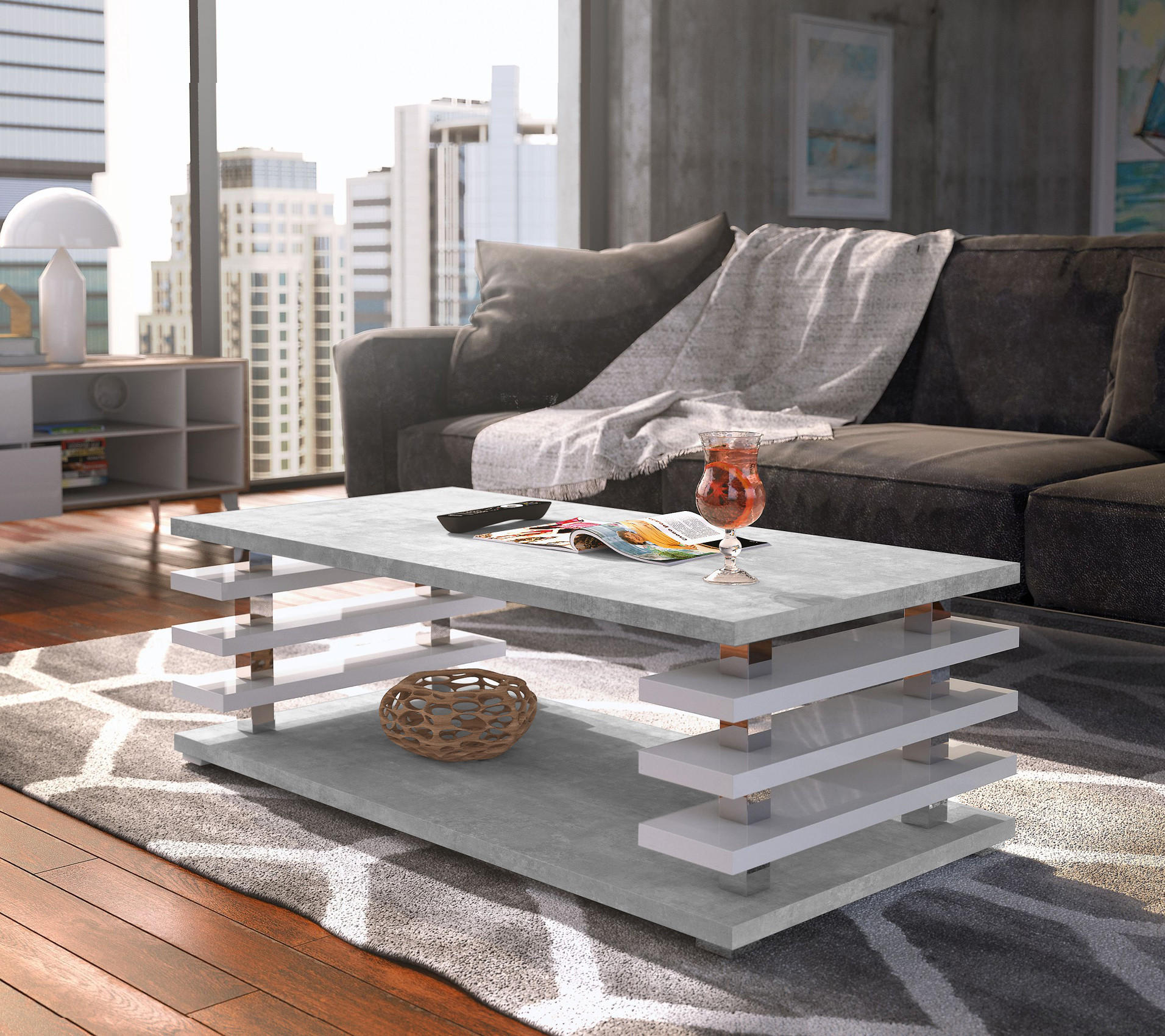 COUCHTISCH rechteckig Beton - Weiß Hochglanz Ablage 120/40/60 cm - Weiß Hochglanz/Hellgrau, Holzwerkstoff (60/120/40cm) - designimpex