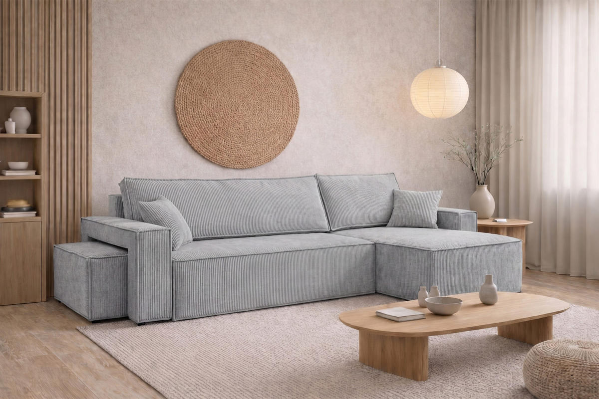 ECKSOFA Mit Schlaffunktion Und Pouf, Cordstoff Poso, Hellgrau, Rechts, Best L Mit Pouf - Hellgrau, Holz (244/145cm) - Kaiser Möbel
