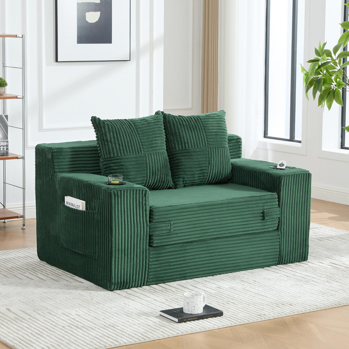 SCHLAFSOFA 2-in-1 mit Hocker, 2 Kissen und Becherhalter, DE-42913, Smaragdgrün - Grün, Textil (133/64/87cm) - ComfortXL