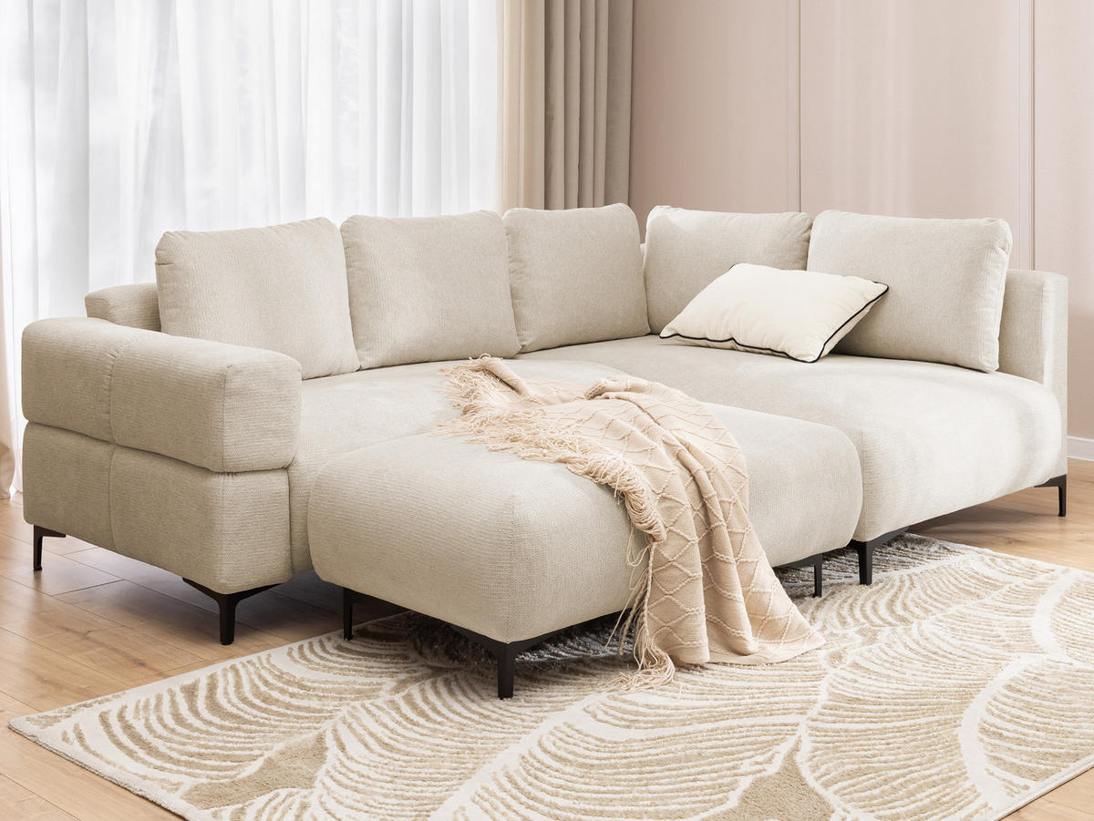 ECKSOFA inkl. Hocker Cardea mit Schlaffunktion in Bubble-Optik aus weichem Hellbeige Strukturstoff und hohem Sitzkomfort - Ottomane rechts - Beige/Schwarz, Holz/Textil (230/170cm) - S-Style Möbel