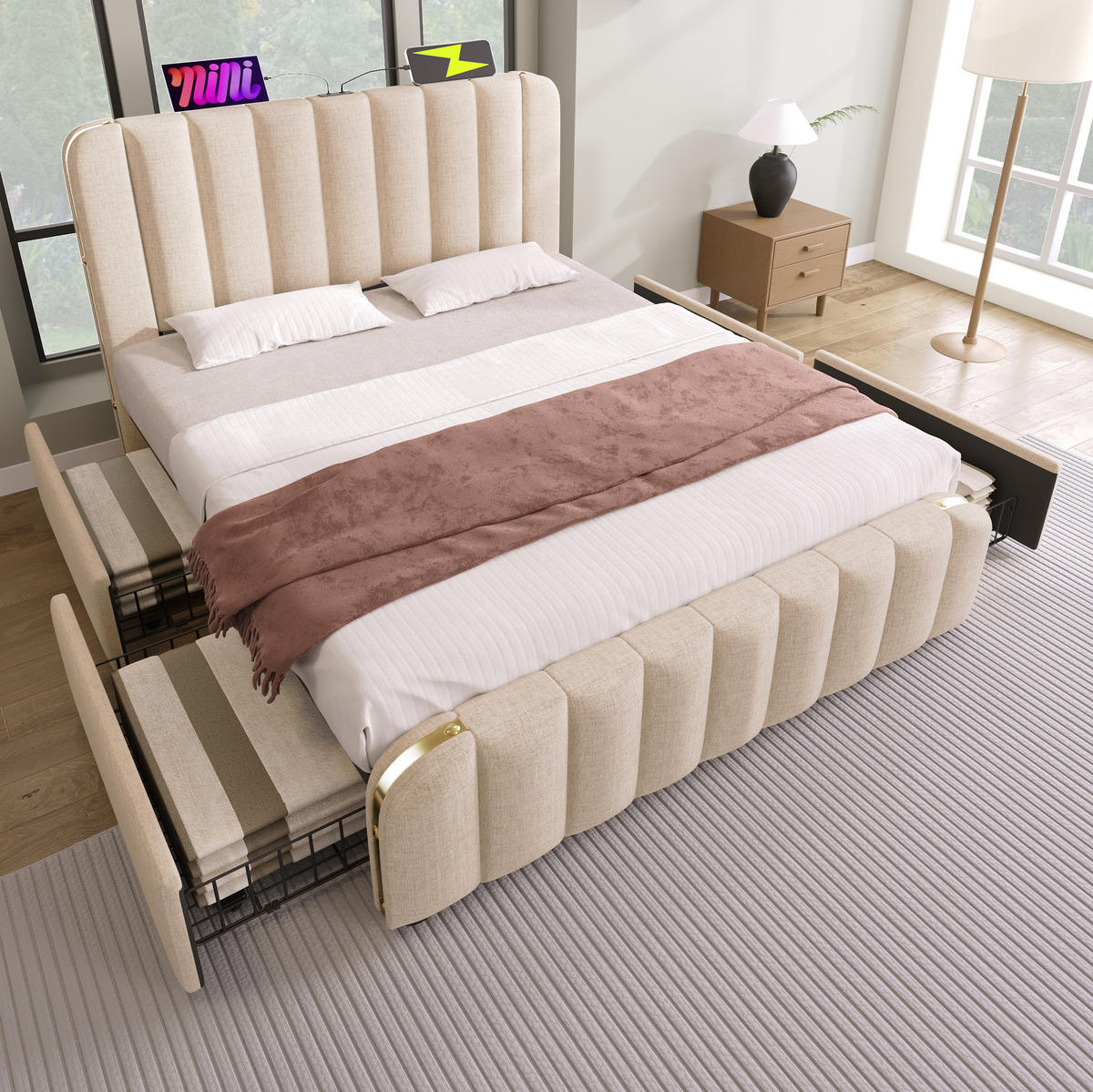 POLSTERBETT mit USB und 4 Schubladen 160x200 cm Leinen Beige - Beige, Metall (160/200cm) - Meubliv