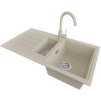 GRANITSPÜLE - Kopenhagen, 3-er set Beige 90/50 cm, 1,5 Becken + Küchenarmatur 32/20 cm + Ablauf-Set ab 60er Unterschrank - Chromfarben/Beige, Kunststoff (90/19/48cm) - Primagran