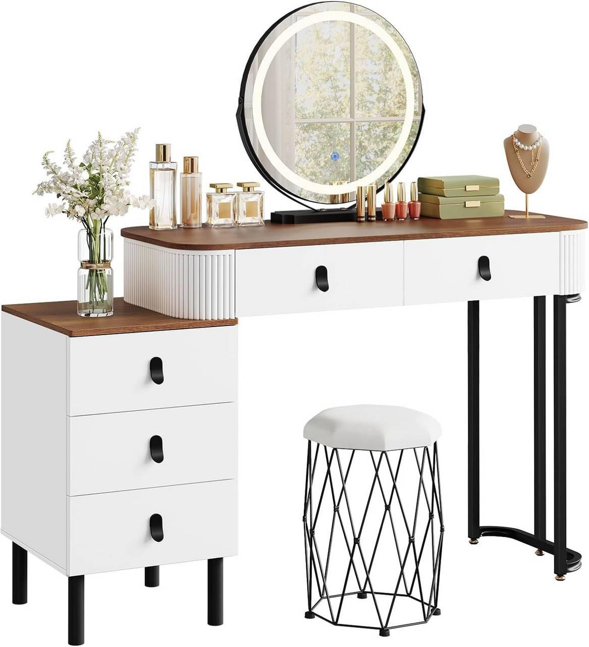 SCHMINKTISCH mit Hocker, Spiegel mit LED, Orangebraune Holzoptik - Nussbaumfarben/Schwarz, Glas/Holz (100/126/40cm) - Woltu
