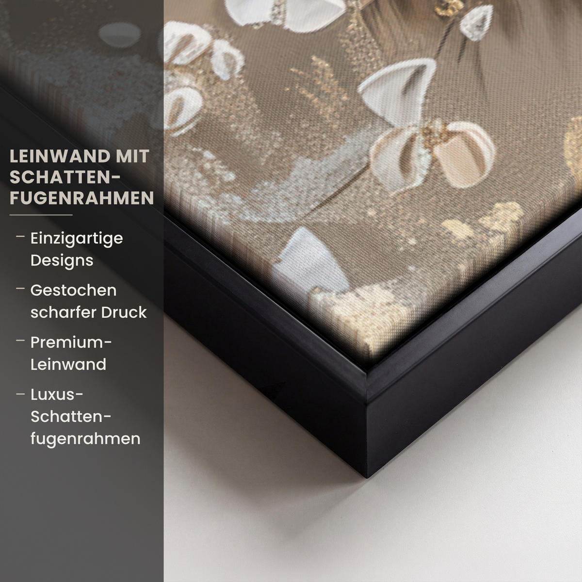 LEINWAND Bilder mit Rahmen - Blumen - Weiß - Gold - Beige - Luxus - 90x60 - Greige, Textil (90/60cm) - MuchoWow
