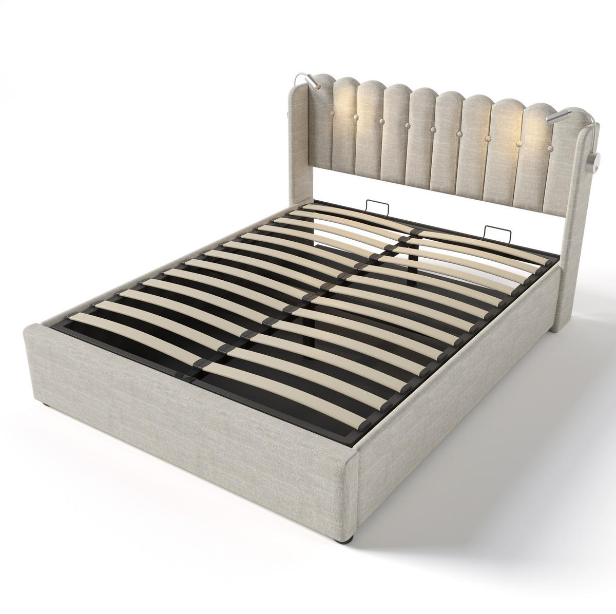 POLSTERBETT 140/200 cm in Naturfarben mit Stauraum und USB-Leselicht - Naturfarben, Textil (140/200cm) - Flora Grace