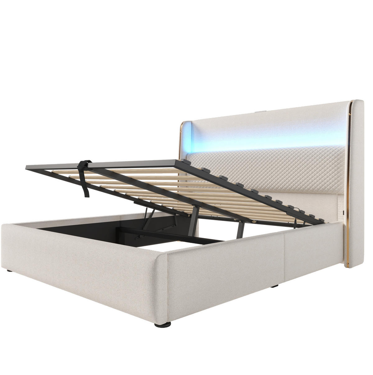 ČALOUNĚNÁ postel 160/200 cm s LED osvětlením, USB a USB-C, hydraulickým úložným prostorem a lněným vzhledem, Béžová - béžová, textil (160/200cm) - Redom