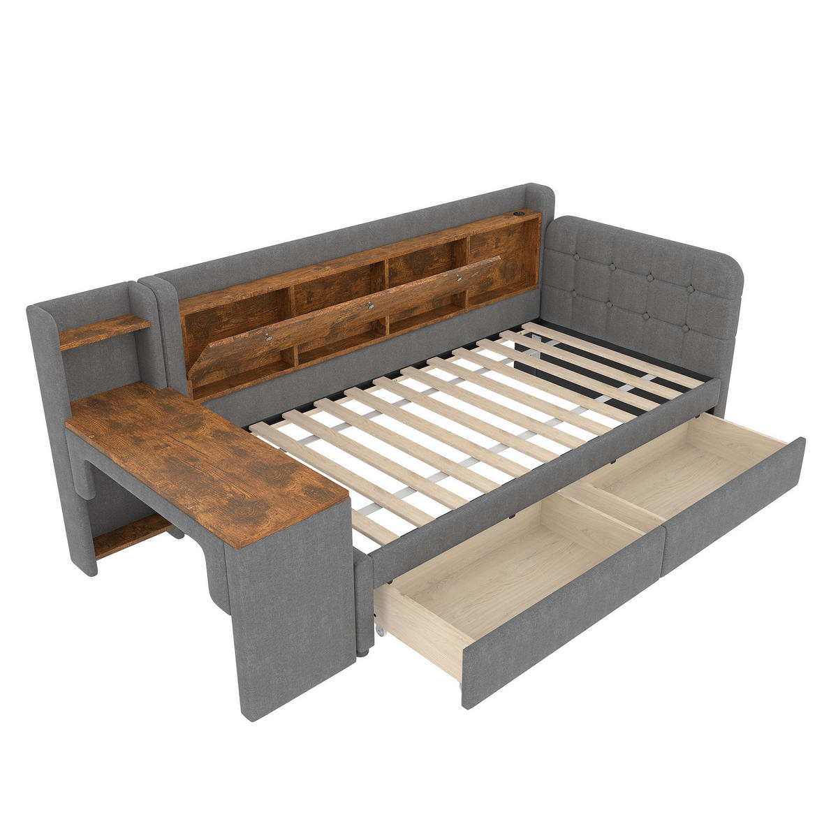 POLSTERBETT aus Leinen & MDF 90x200 cm in Grau mit Schreibtisch & 2 Schubladen - Grau, Textil (90/200cm) - Modfu