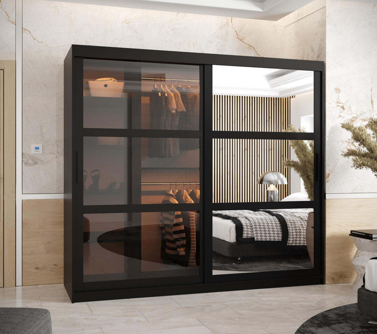 SCHWEBETÜRENSCHRANK 200/200/62 2-türig - Schwarz, Holz/Kunststoff (200/200/62cm) - Abiks Möbel