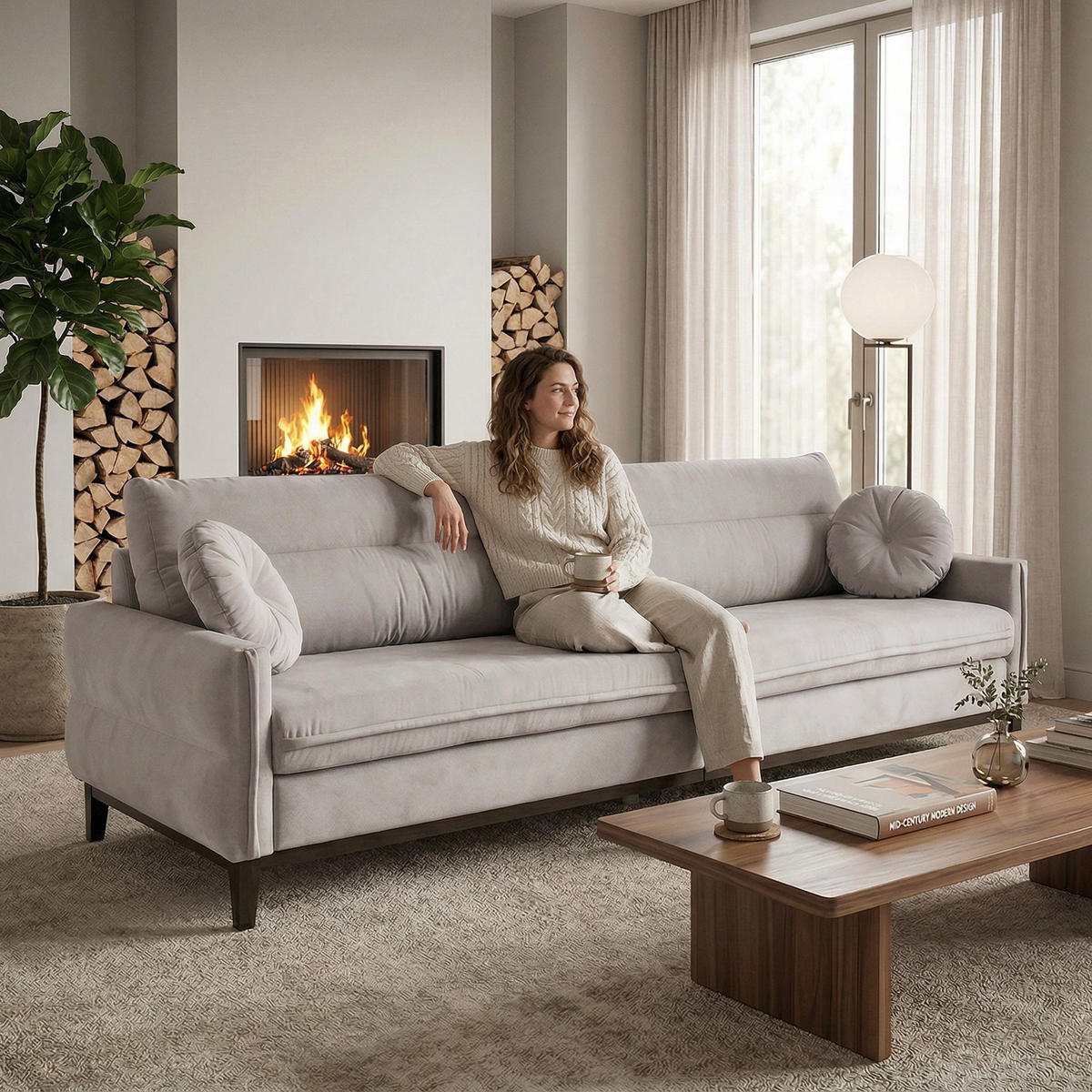SOFA 3-SITZER Belweder 270 cm, Beige, Veloursstoff - Wengefarben/Beige, Holz/Textil (268/95/94cm) - Beautysofa