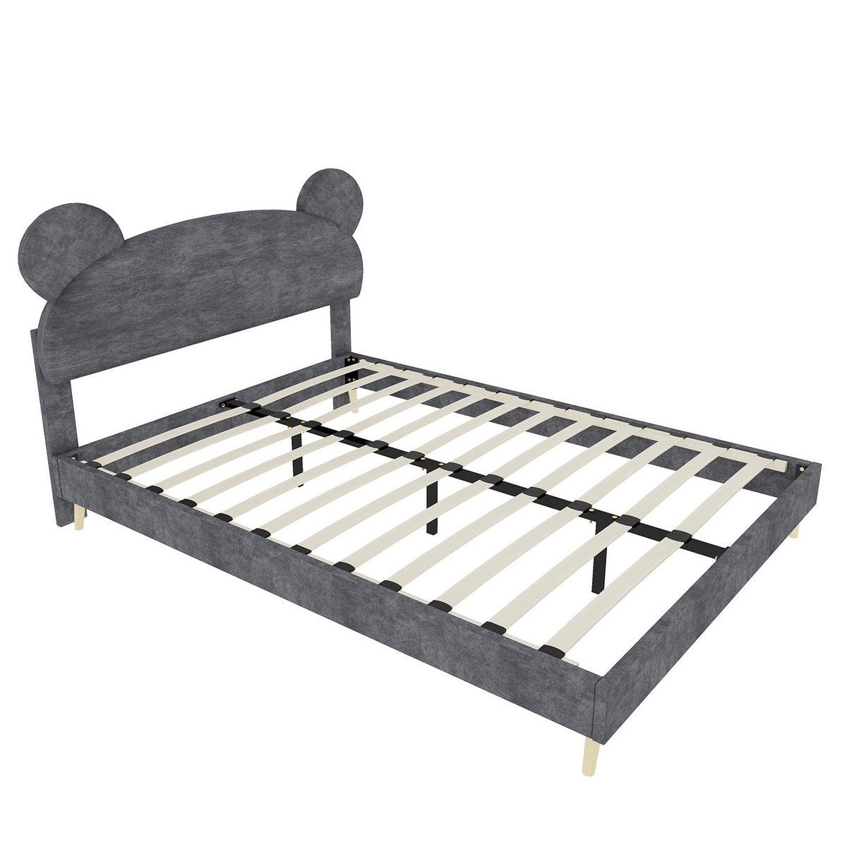KINDER-POLSTERBETT 140x200 cm in Grau mit Bärenohren-Kopfteil und Taschenfederkernmatratze - Grau, Textil (140/200cm) - IVMEU