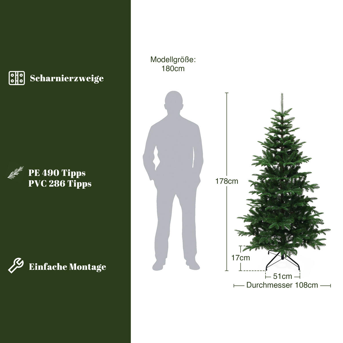 KÜNSTLICHER Weihnachtsbaum 178 cm, Naturgrün mit 776 PE-/PVC-Spitzen - Grün, Kunststoff (180cm) - Hometopia
