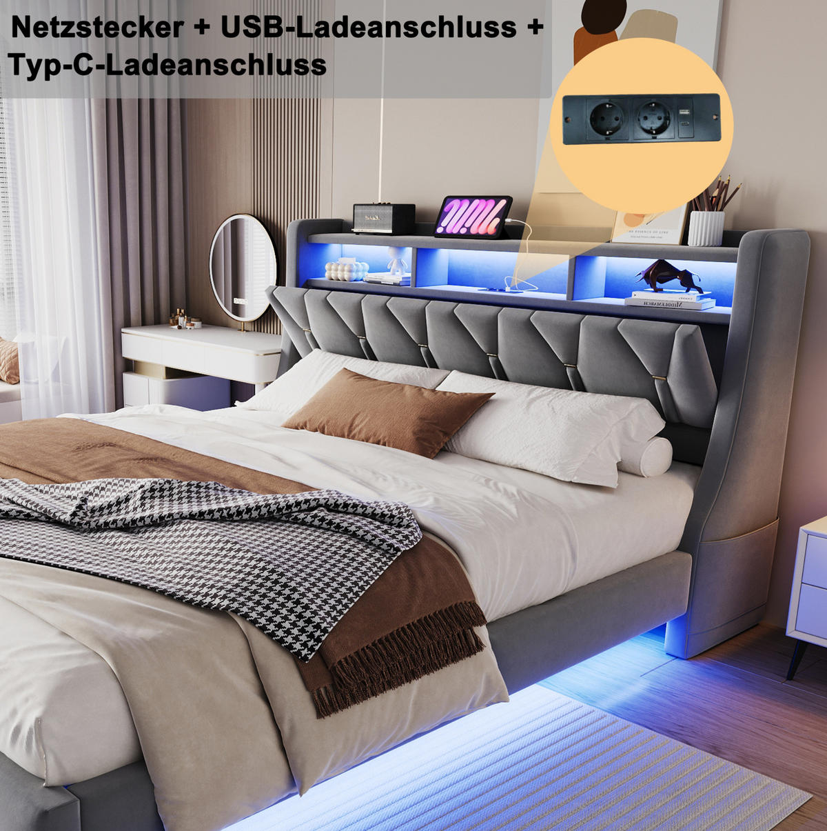 TAPECIRANI krevet 180/200 cm s LED osvjetljenjem, USB i Type-C priključcima te sklopivim uzglavljem, Siva - siva, drvni materijal (180/200cm) - Redom