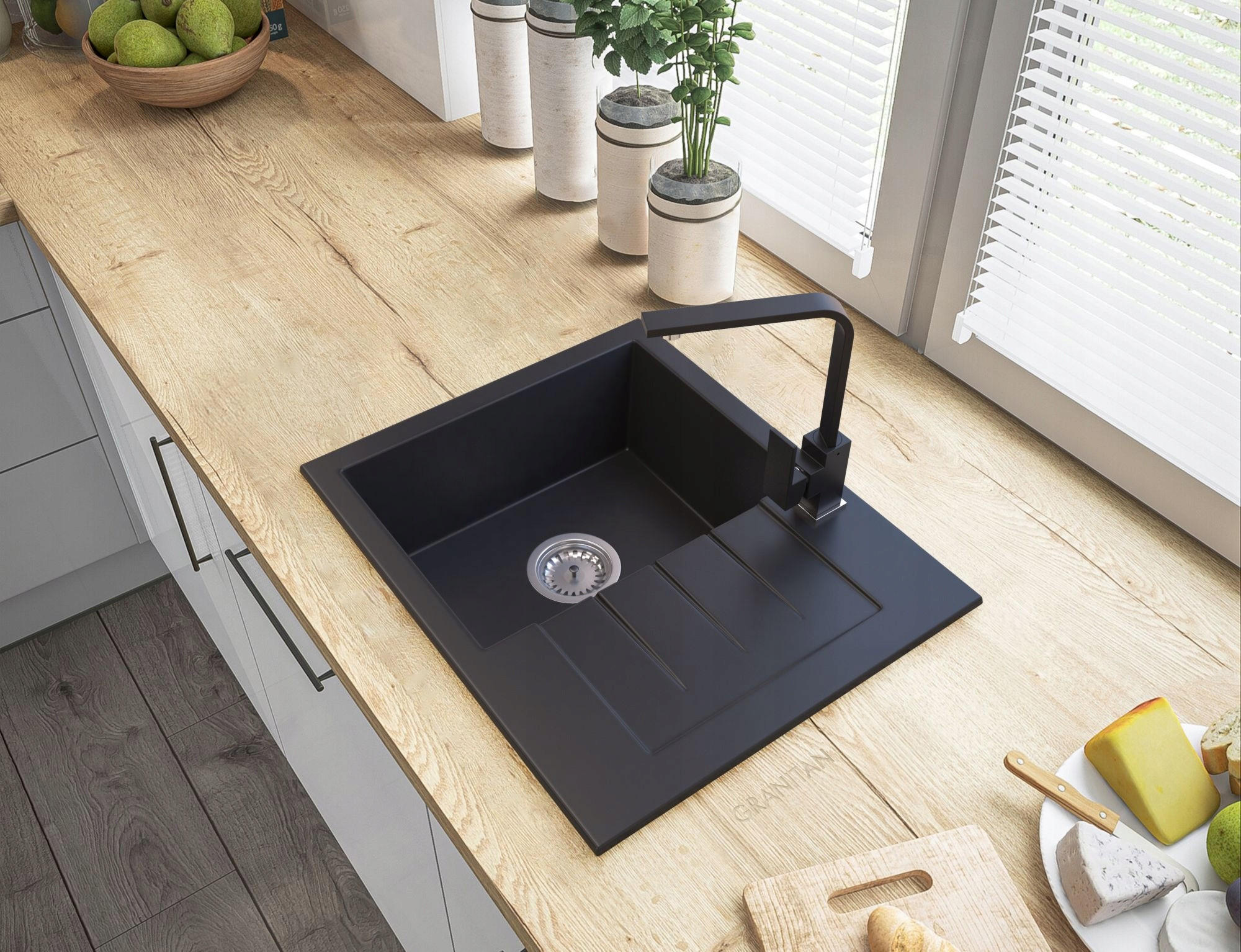 GRANITSPÜLE Milano mit Siphon Armatur - Schwarz, Kunststoff/Stein (57/46/16cm) - Granitan
