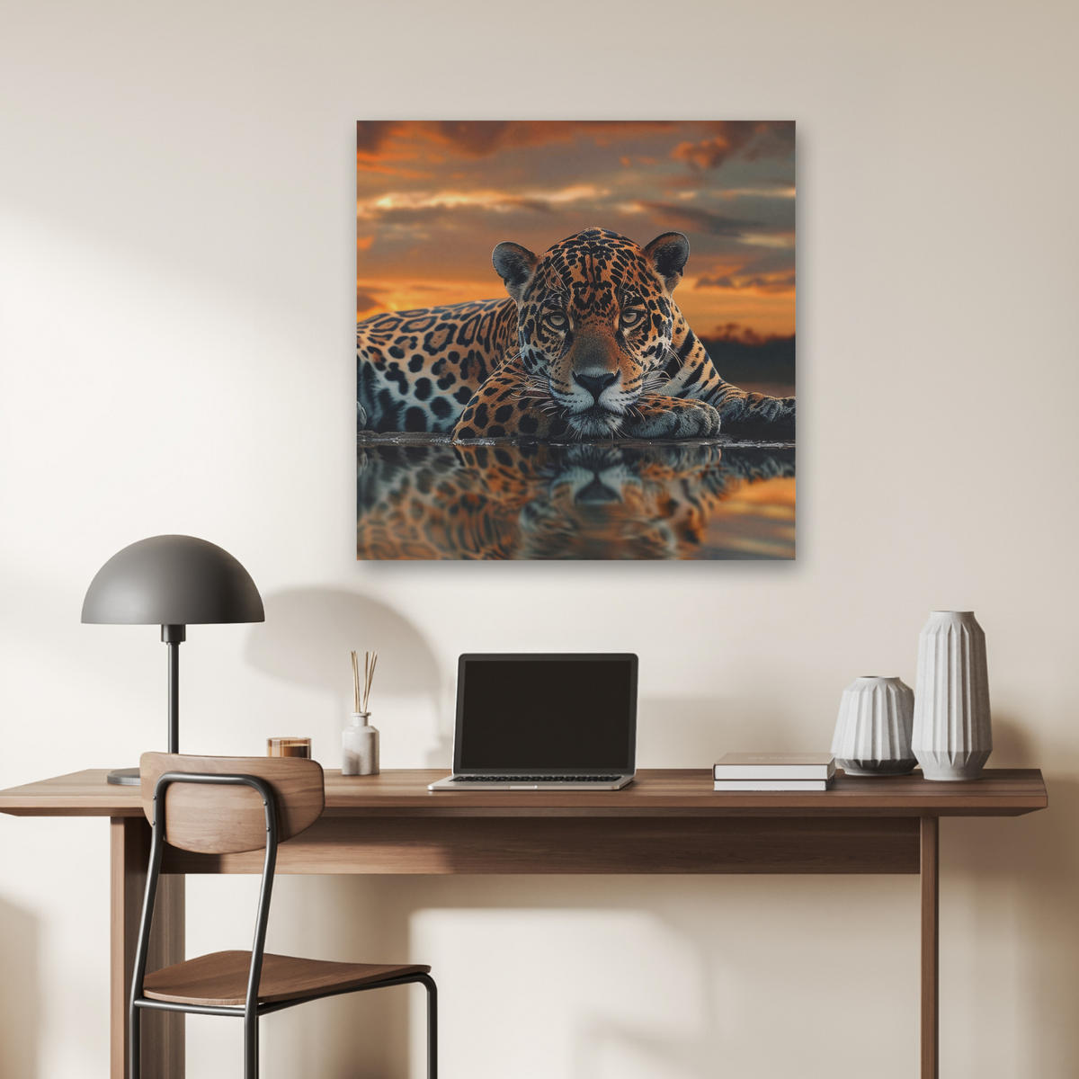 AKUSTIKBILD Natur - Leopard - Tier - Sonnenuntergang - Modern Akustikpaneele 80x80 cm - Orange, Kunststoff (80/80/0.9cm) - MuchoWow