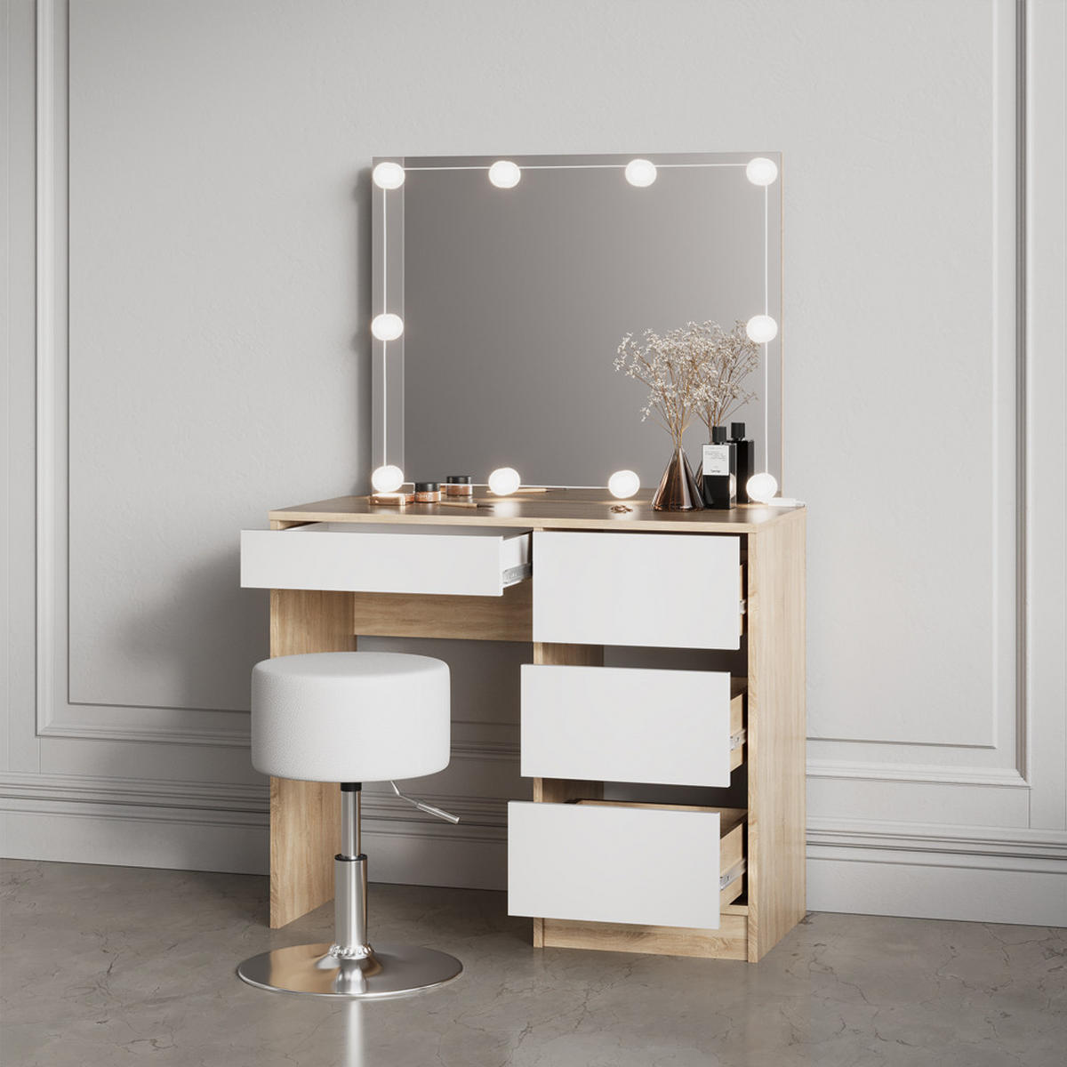 SCHMINKTISCH Imola Sonoma 90 cm mit LED Beleuchtung - Weiß/Sonoma Eiche, Holzwerkstoff (90/75/40cm) - Livinity®