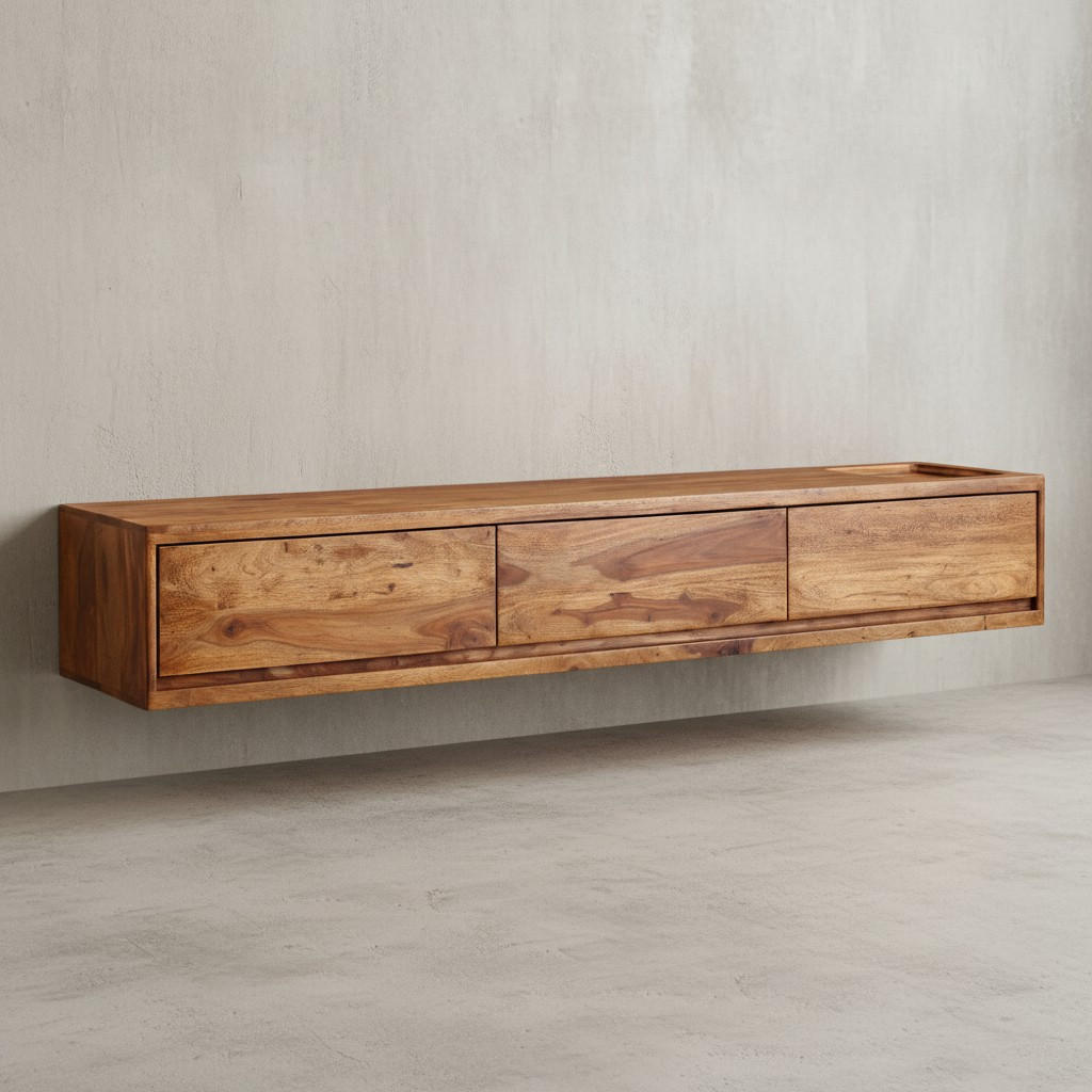 LOWBOARD Massivholz Modern Stil Hängend für 65-Zoll Fernseher mit 3 Schubladen - Braun, Holz (160/25/35cm) - KADIMA DESIGN