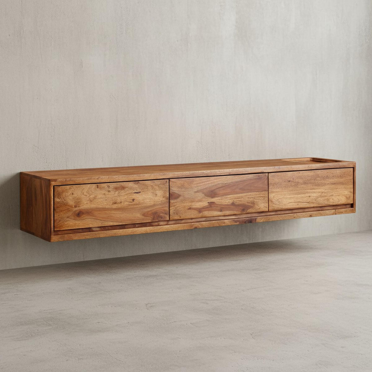 LOWBOARD Massivholz Modern Stil Hängend für 65-Zoll Fernseher mit 3 Schubladen - Braun, Holz (160/25/35cm) - KADIMA DESIGN