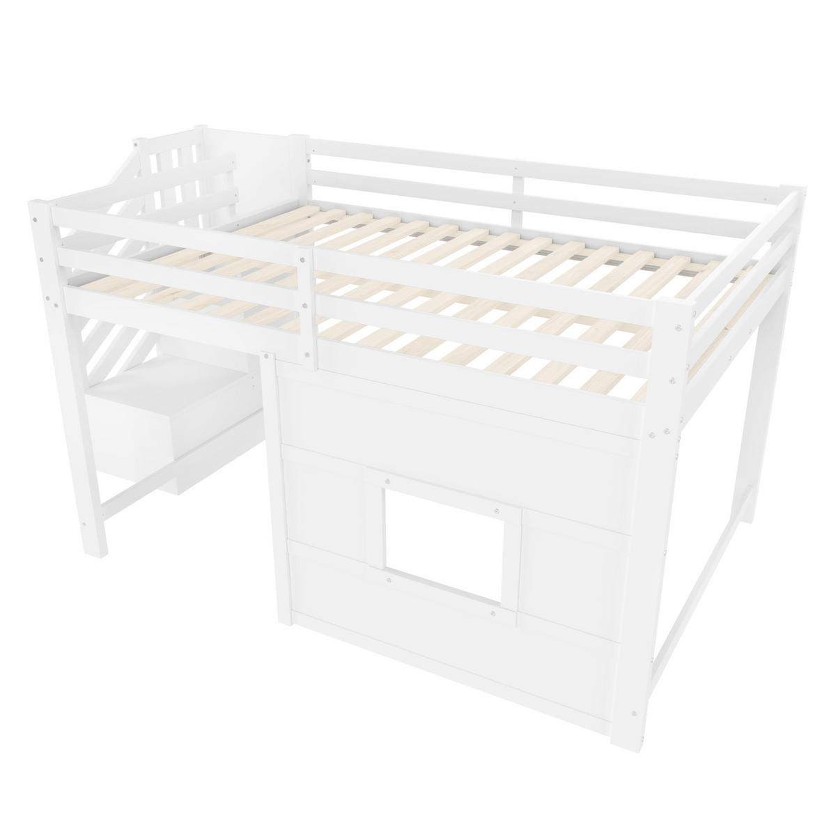 HOCHBETT aus Kiefernholz 140x200 cm Weiß mit Stauraumtreppe, Fenster und LED-Beleuchtung - Weiß, Holzwerkstoff (140/200cm) - IVMEU