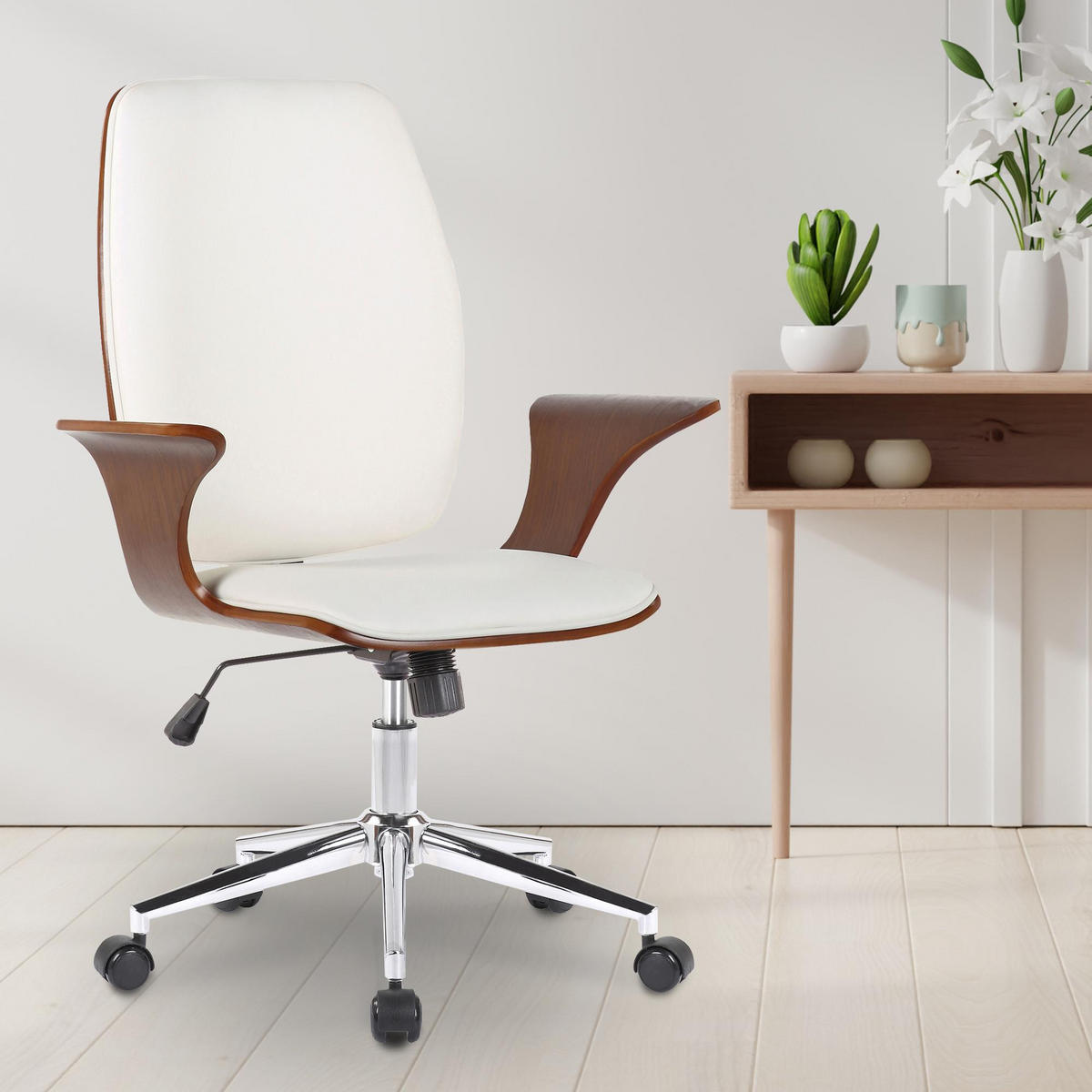 DREHSTUHL Lederlook walnuss/weiß - Chromfarben/Walnussfarben, Textil/Metall (67/93/68cm) - CLP