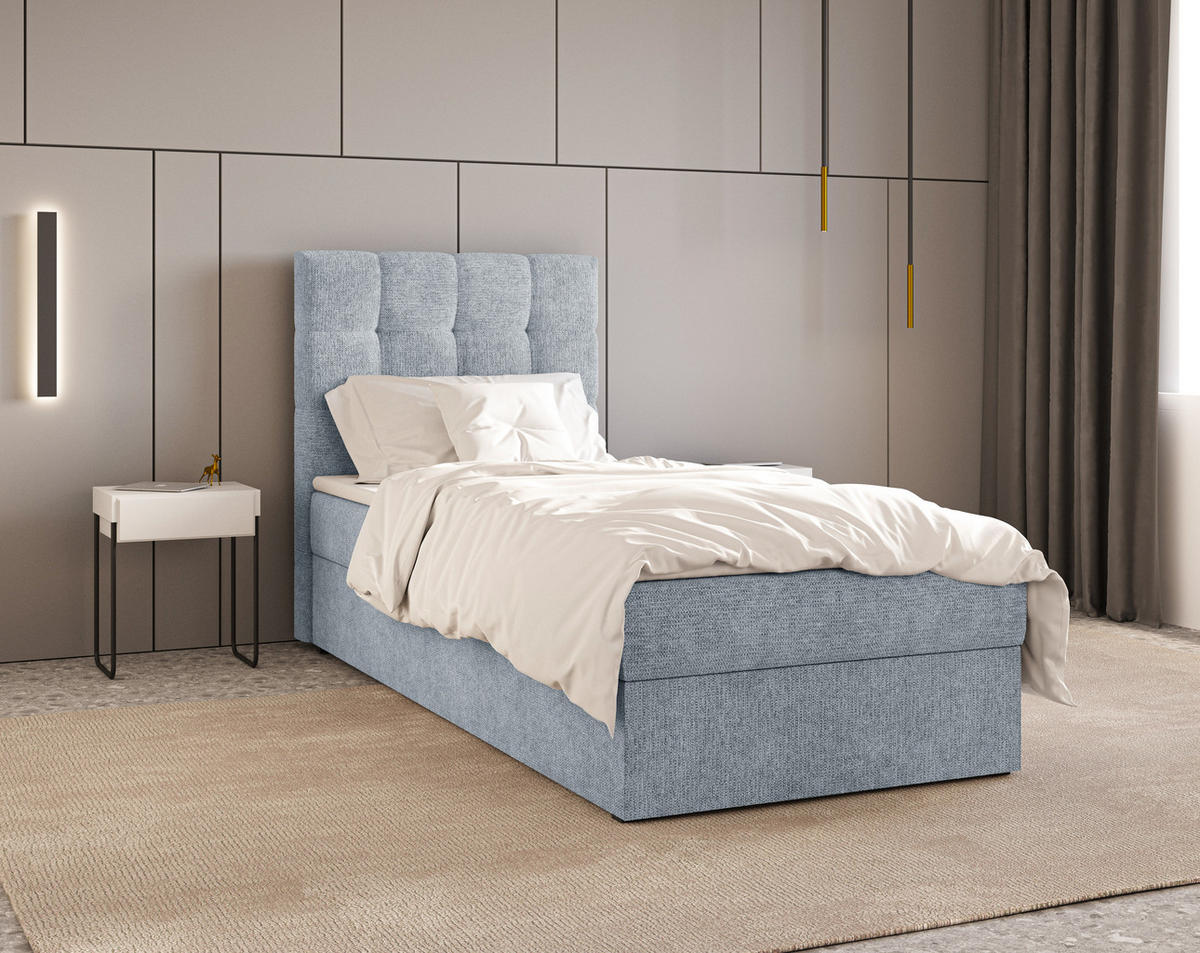 BOXBETT - Bett 05 OSLO - Aragon - 90x200 cm - mit Bettkasten und Komfort-Topper - Blau, Holz (90/200cm) - ROYAL24_MARKT
