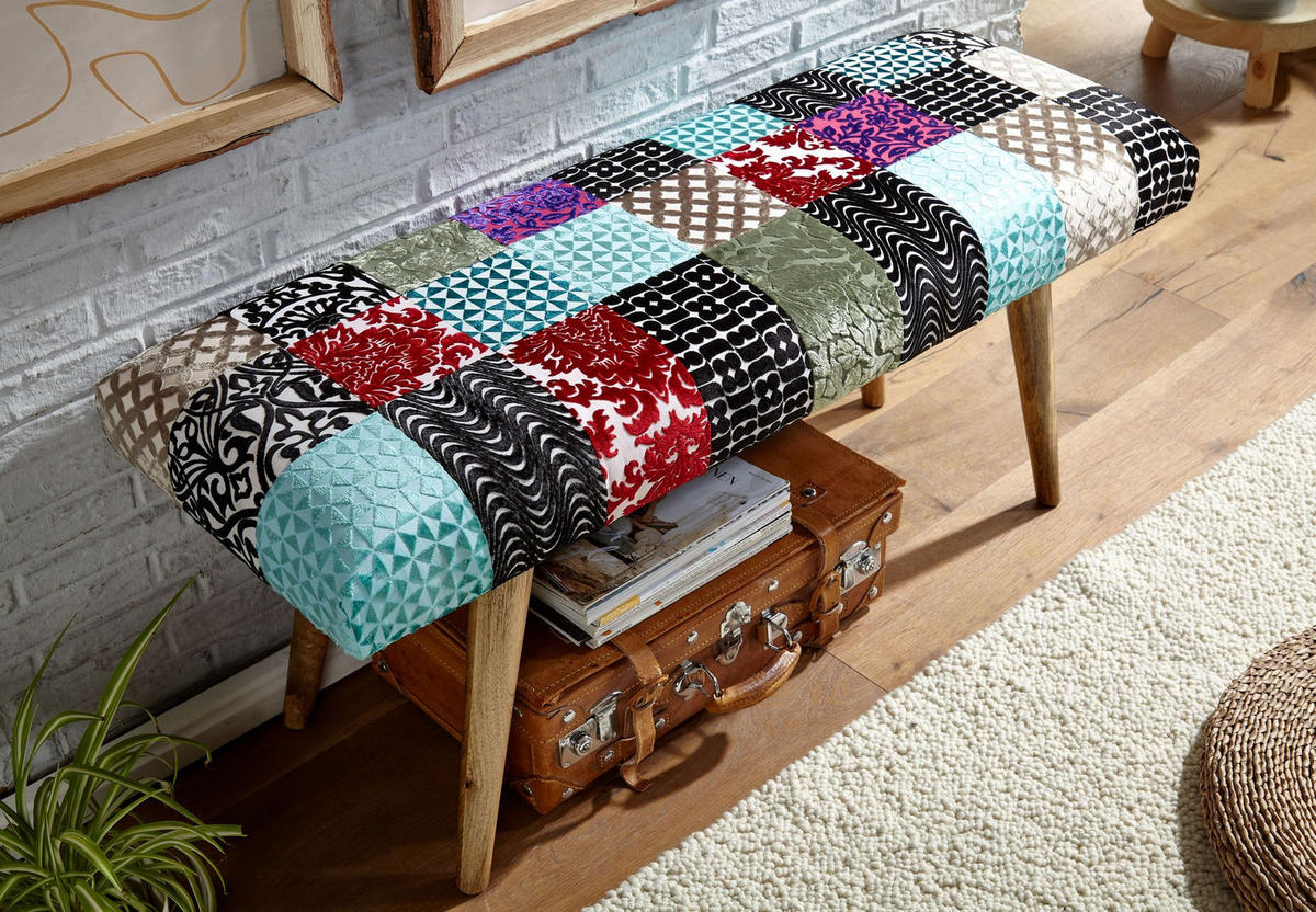 SITZBANK – Patchwork-Stoff, Massivholzbeine - Multicolor/Braun, Mangoholz/Textil (117/51/38cm) - KADIMA DESIGN