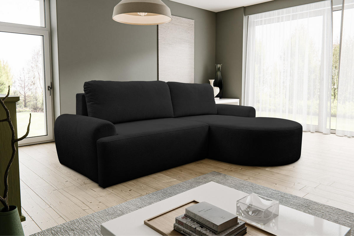 ECKSOFA Dream in L-Form mit Schlaffunktion und Bettkasten, Farbe: Schwarz, Bouclé-Stoff, Ottomane Rechts - Schwarz, Textil (260/136cm) - VENASI MÖBEL