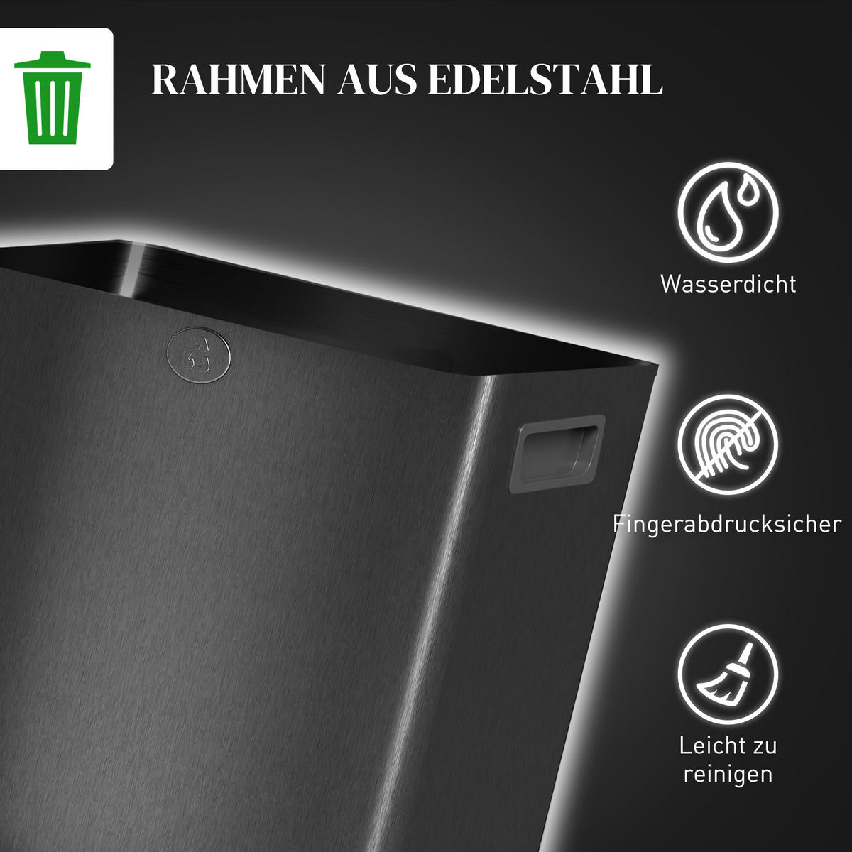 MÜLLEIMER 2 x 15L Mülltrennsystem Edelstahl mit Softclose Deckel Schwarz - Schwarz, Kunststoff (36.6/43.2/41.7cm) - HOMCOM