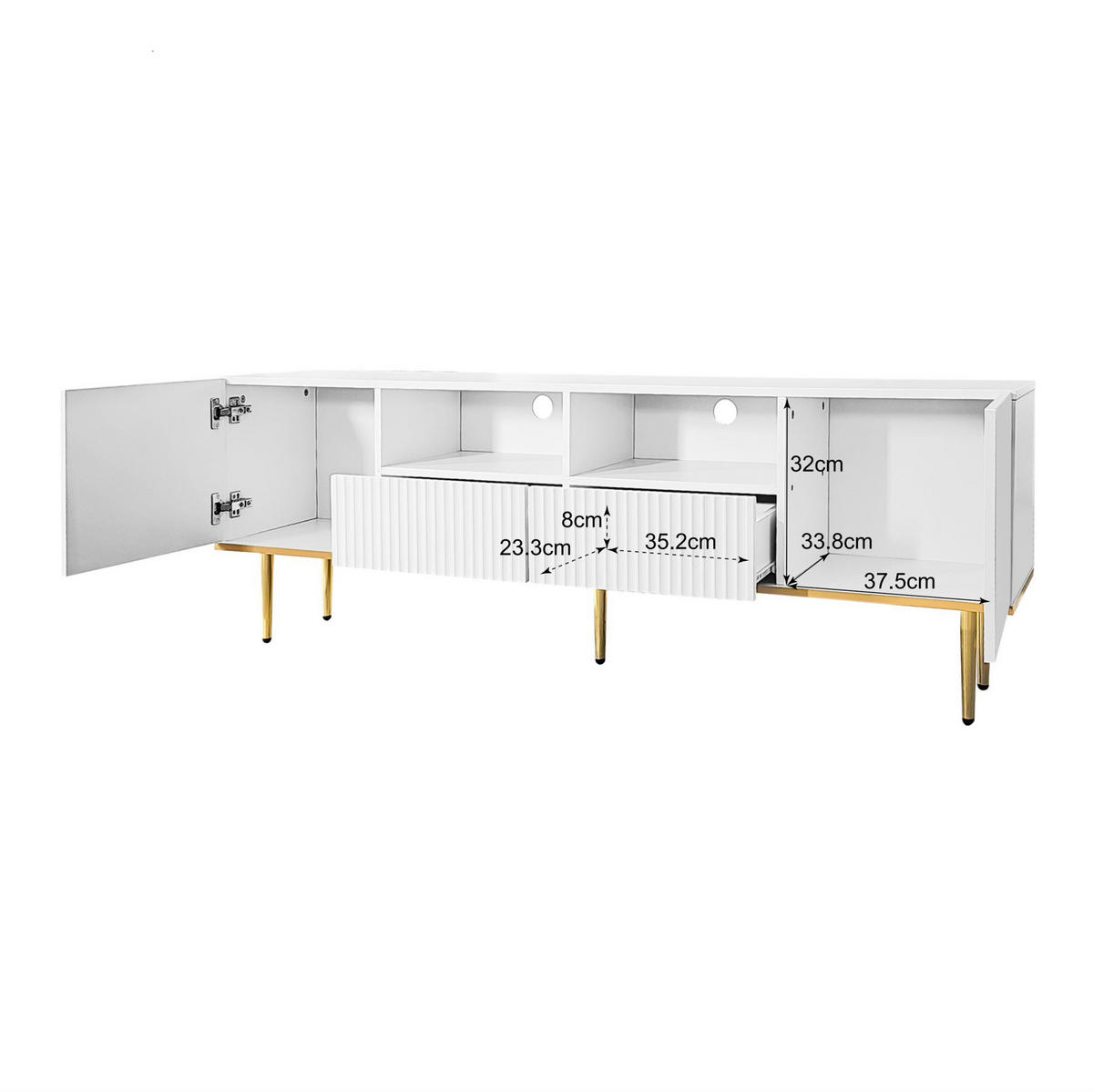 LOWBOARD 165/36/55 cm in Weiß mit 2 Schubladen und goldfarbenen Beinen - Weiß, Holzwerkstoff (165/55/36cm) - Flora Grace