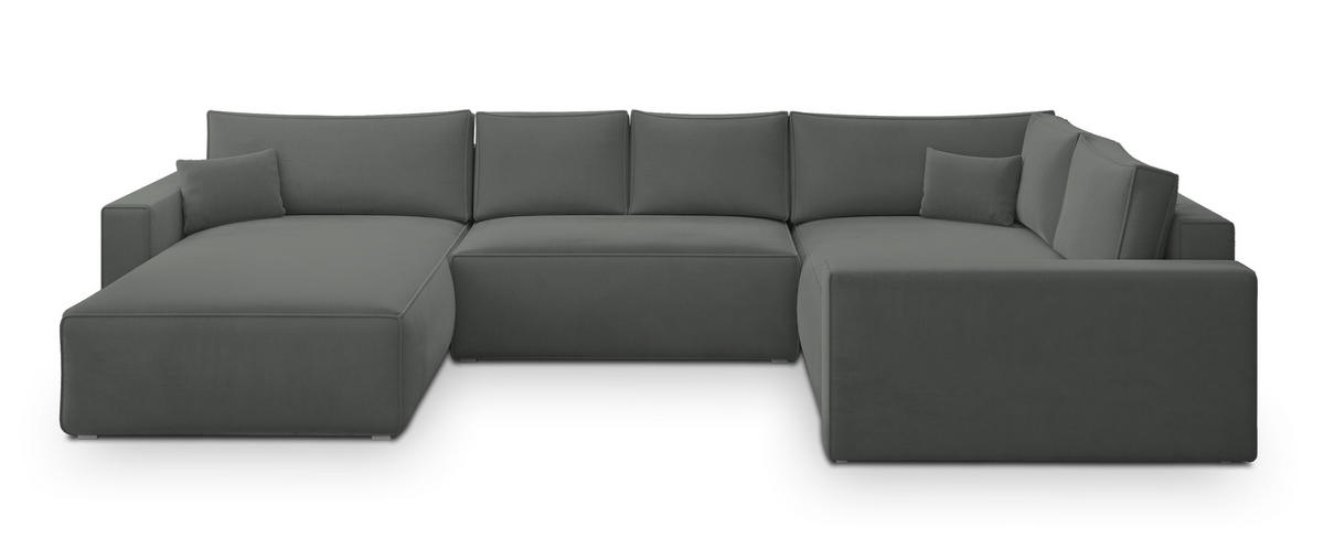 WOHNLANDSCHAFT VELAMI R-S Grau Velours-Stoff mit Schlaffunktion - Grau, Holz (365/83/194cm) - MASSENO