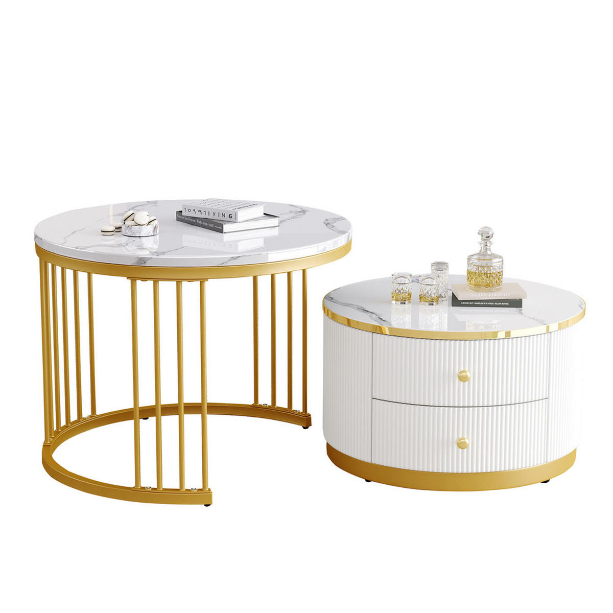 COUCHTISCH SET 2-TEILIG Nestform Hochglanz Marmoroptik 2 Schubladen Weiß - Weiß, Holz (68.58/68.58/38.99cm) - FLIEKS