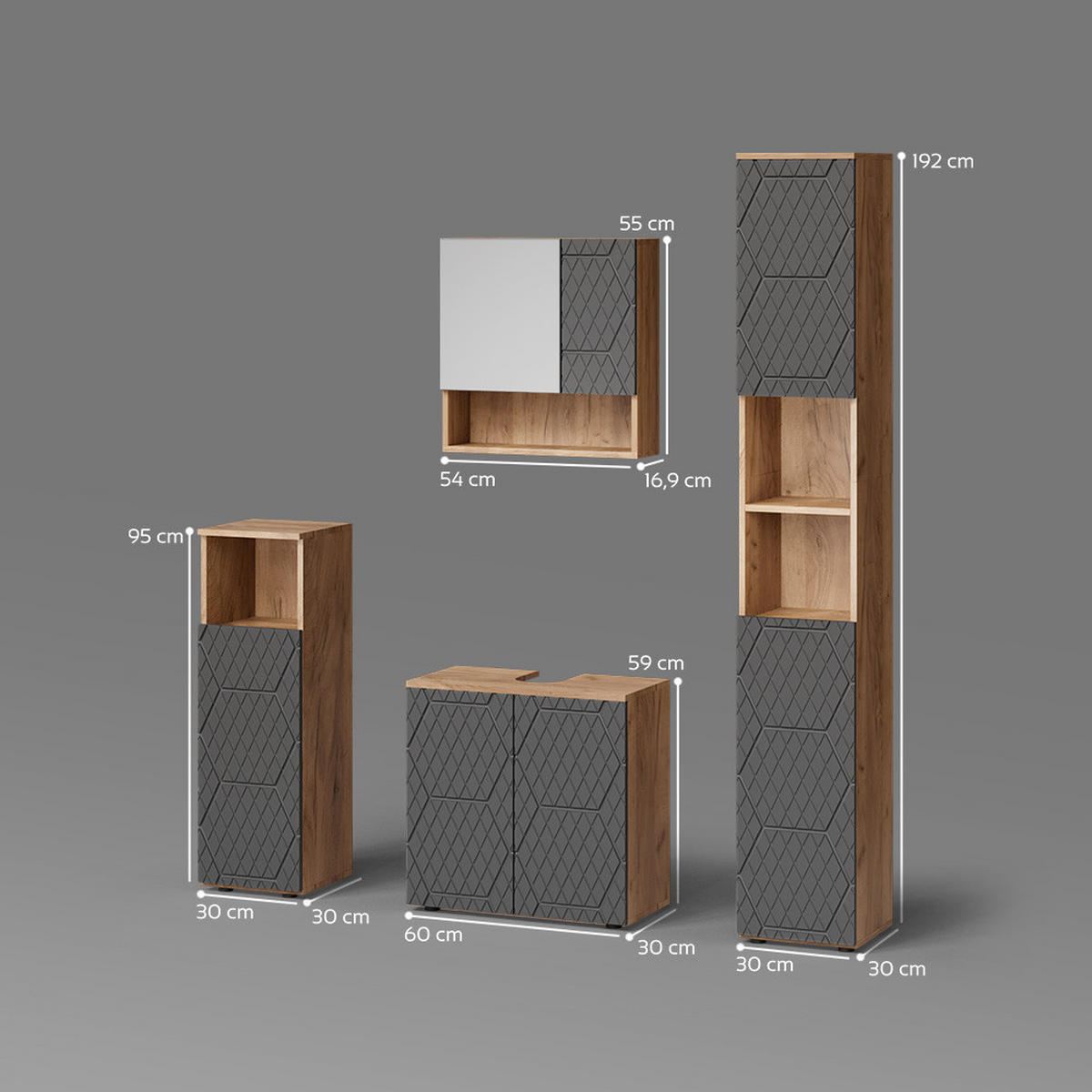 BADMÖBEL-SET Ronco Anthrazit gestreift 4 Teile, mit Hochschrank - Anthrazit, Holzwerkstoff (60/59/30cm) - Livinity®