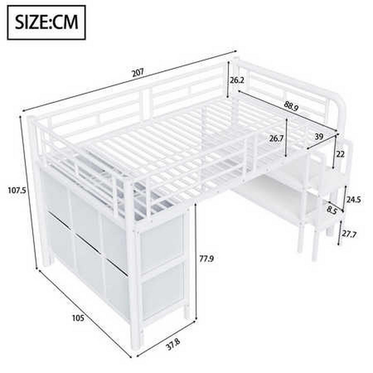 HOCHBETT 90x200 Weiß Metall Treppe Stauraum - Weiß, Metall (90/200cm) - FLIEKS