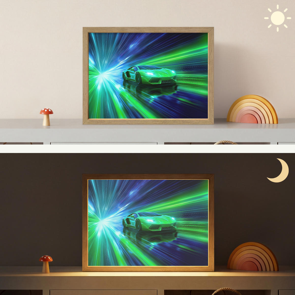 NÁSTĚNNÁ LAMPA S AKUMULÁTOREM Rychlost - Lehké - Sportovní vůz - Zelená 40x30 cm - zelená barva, kompozitní dřevo (40/30/8cm) - OnlyWow