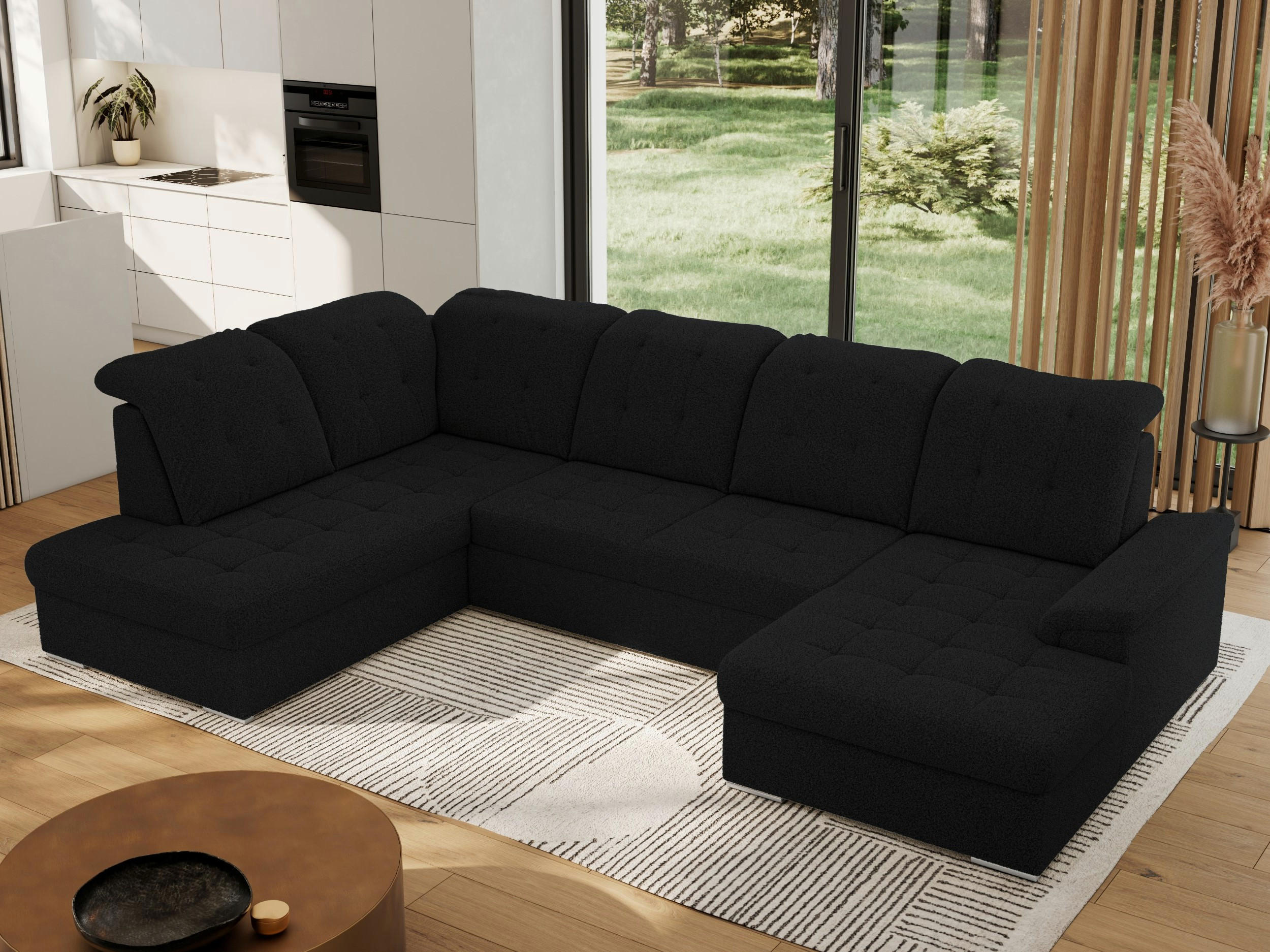 WOHNLANDSCHAFT MADRITO U - Schwarz Boucle - Links - Silberfarben/Schwarz, Textil/Metall (204/89/323cm) - MKS