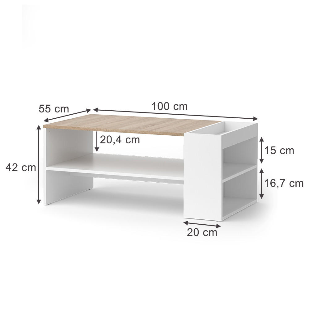 COUCHTISCH Wido Weiß/Sonoma 100 x 55 cm mit Regalen - Weiß, Holzwerkstoff (55/100/42cm) - Vicco