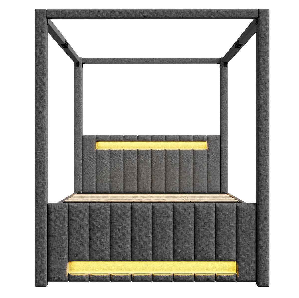 HIMMELBETT 140/200 cm grau aus Leinen und MDF mit Ausziehbett, 3 Schubladen und LED - Grau, Textil (140/200cm) - OKWISH