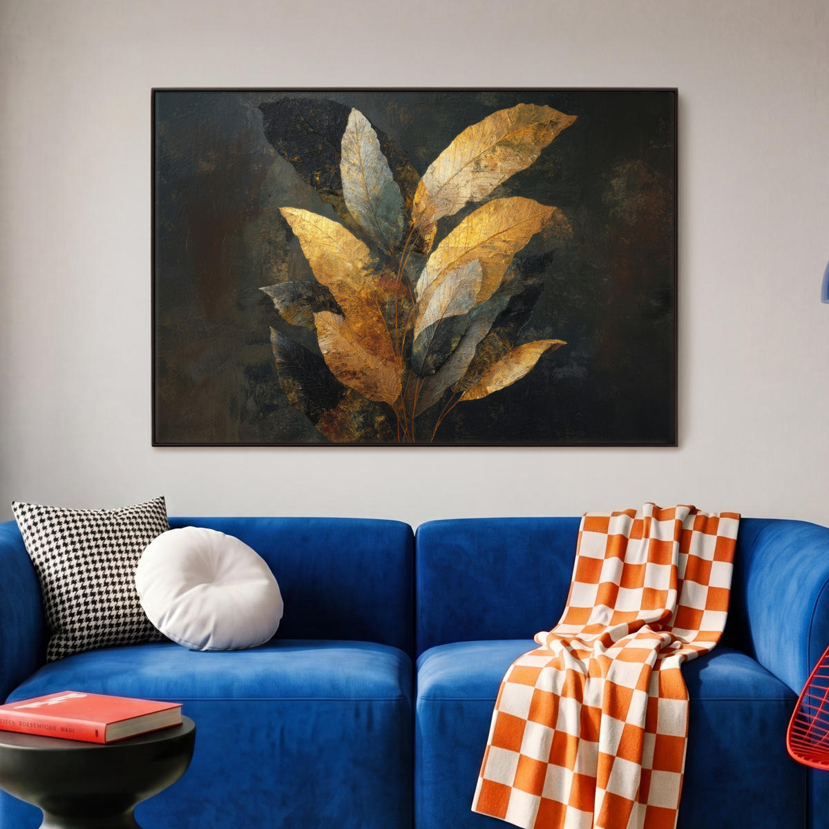 LEINWAND Bilder mit Rahmen - Golden Leaf Komposition - Botanical Luxury - 90x60 - Goldfarben, Textil (90/60cm) - MuchoWow