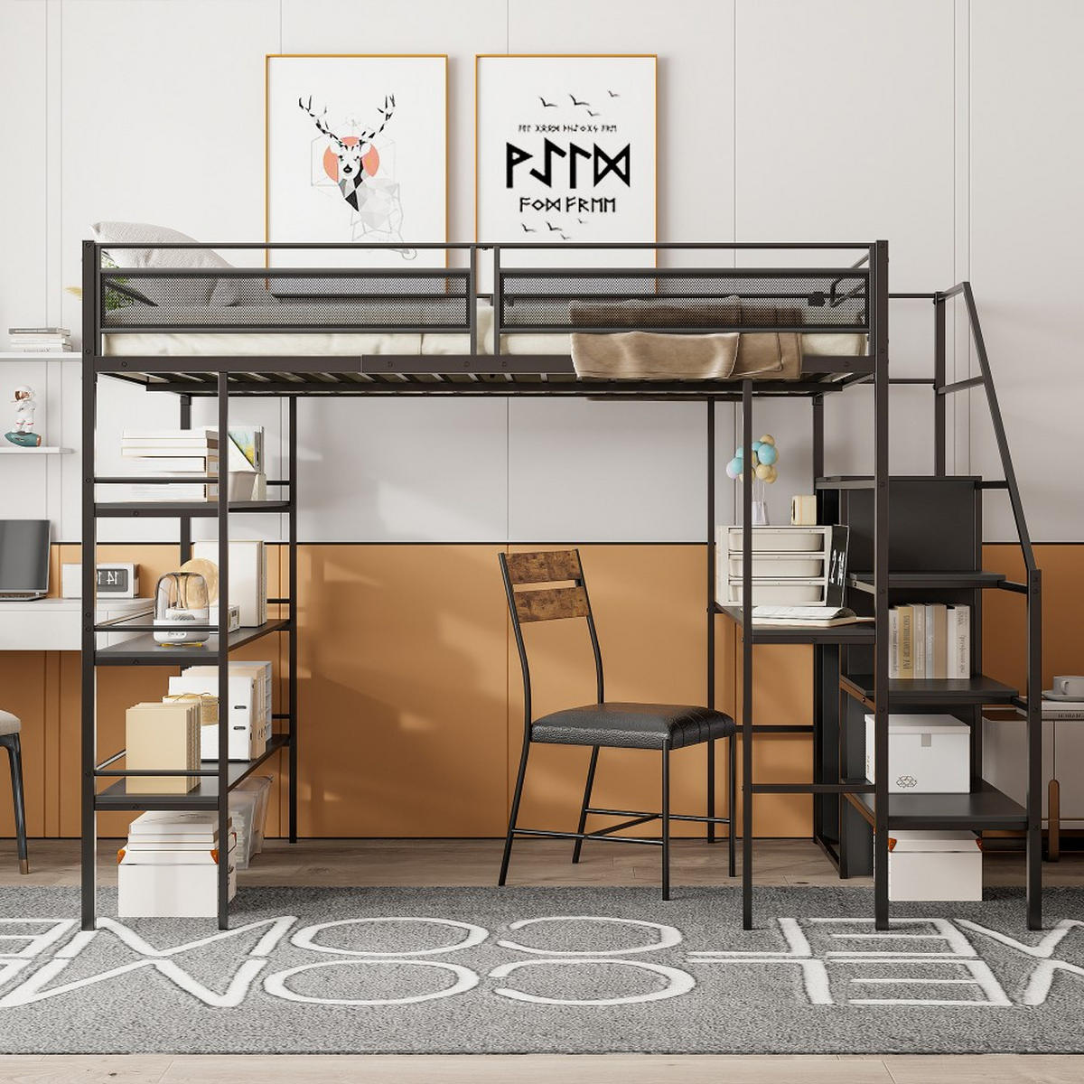 HOCHBETT 140x 200cm mit Schreibtisch in Schwarz - Schwarz, Metall (140/200cm) - KOMHTOM