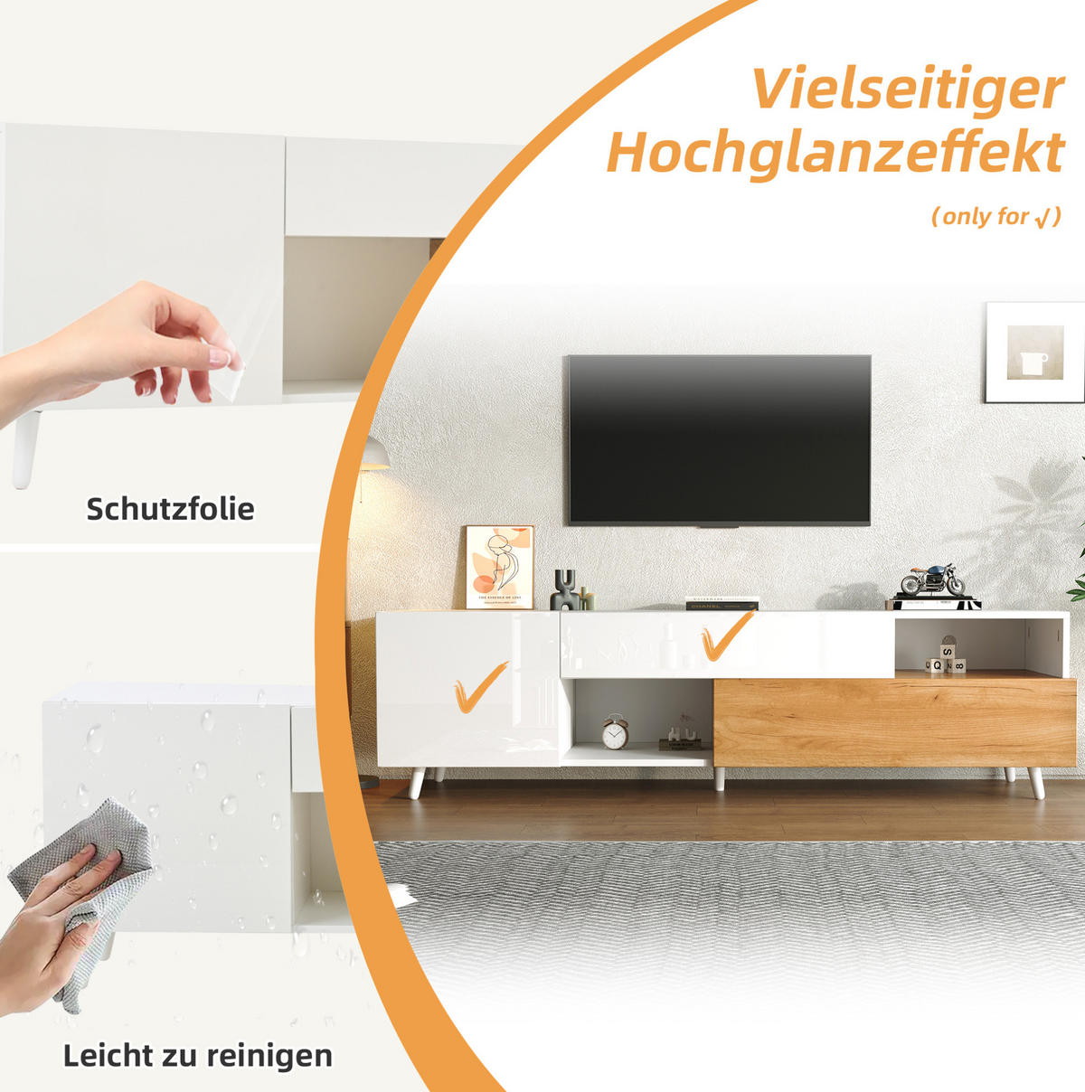 TV-LOWBOARD aus Spanplatte 180x38x50 cm Weiß/Natur mit Stauraum und Hochglanzfront - Hellbraun, Holzwerkstoff (180/50/38cm) - IVMEU