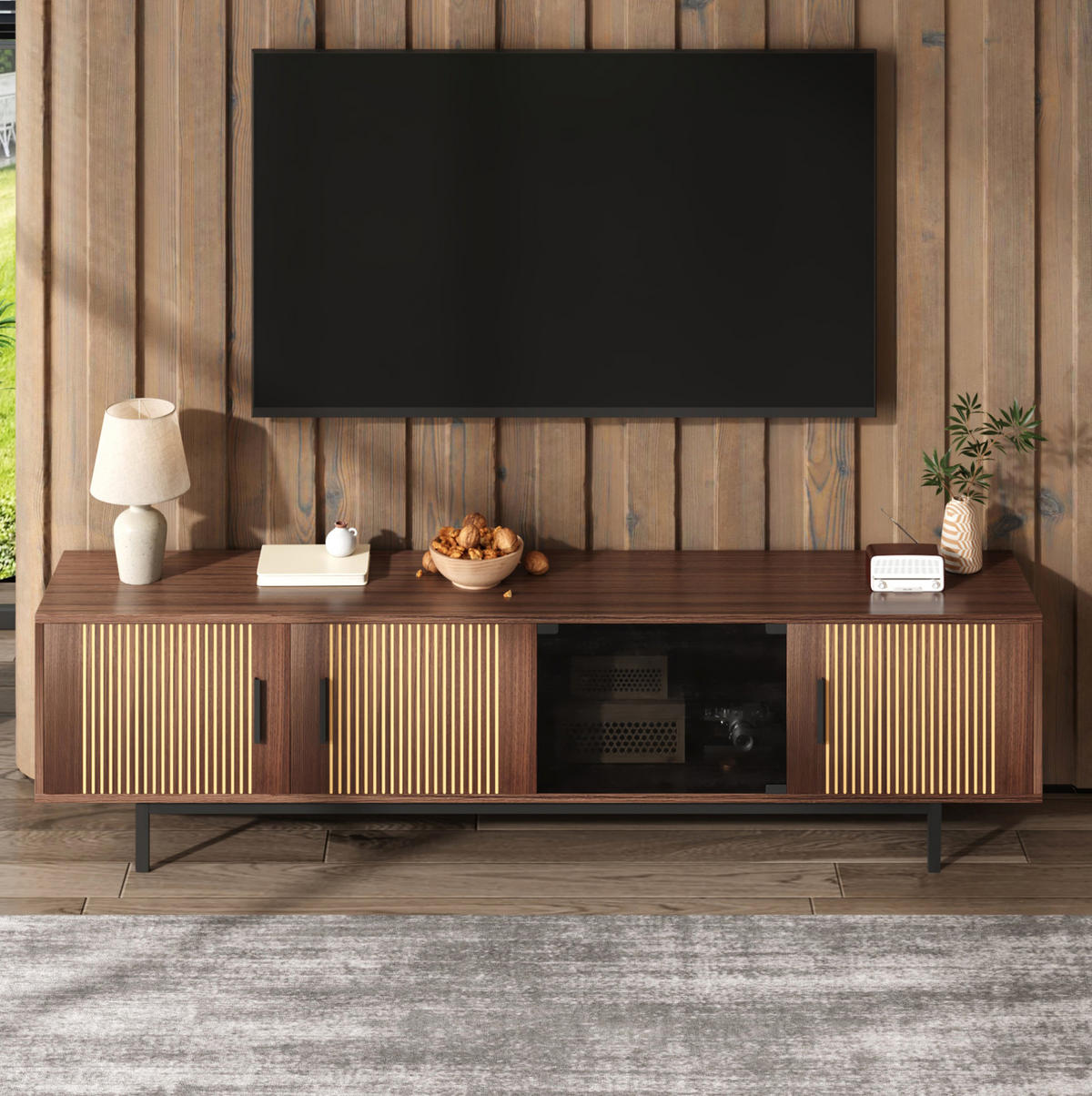TV-LOWBOARD aus MDF und Holzwerkstoff 200x35x53 cm Schwarz/Walnussbraun mit LED-Lichtleiste und modernem Design - Schwarz, Holzwerkstoff (200/53/35cm) - Modfu