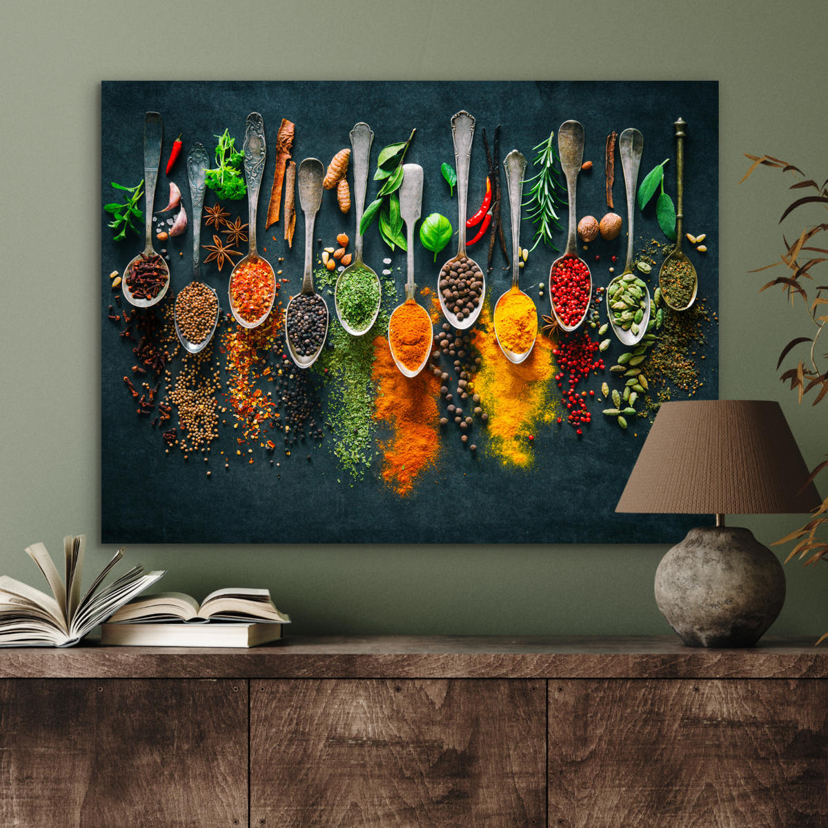 KOVOVÝ OBRAZ Bylinky - korenie - lyžičky 80x60 cm - kari žltá, kov (80/60cm) - MuchoWow