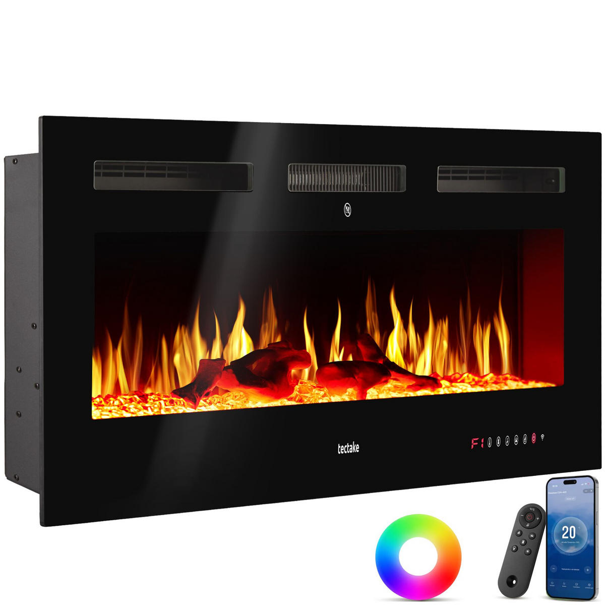 ELEKTRO-WANDKAMIN Luci, mit Fernbedienung und App-Steuerung, integriertes Thermostat, schwarz - Schwarz, Metall (127/43/12cm) - tectake