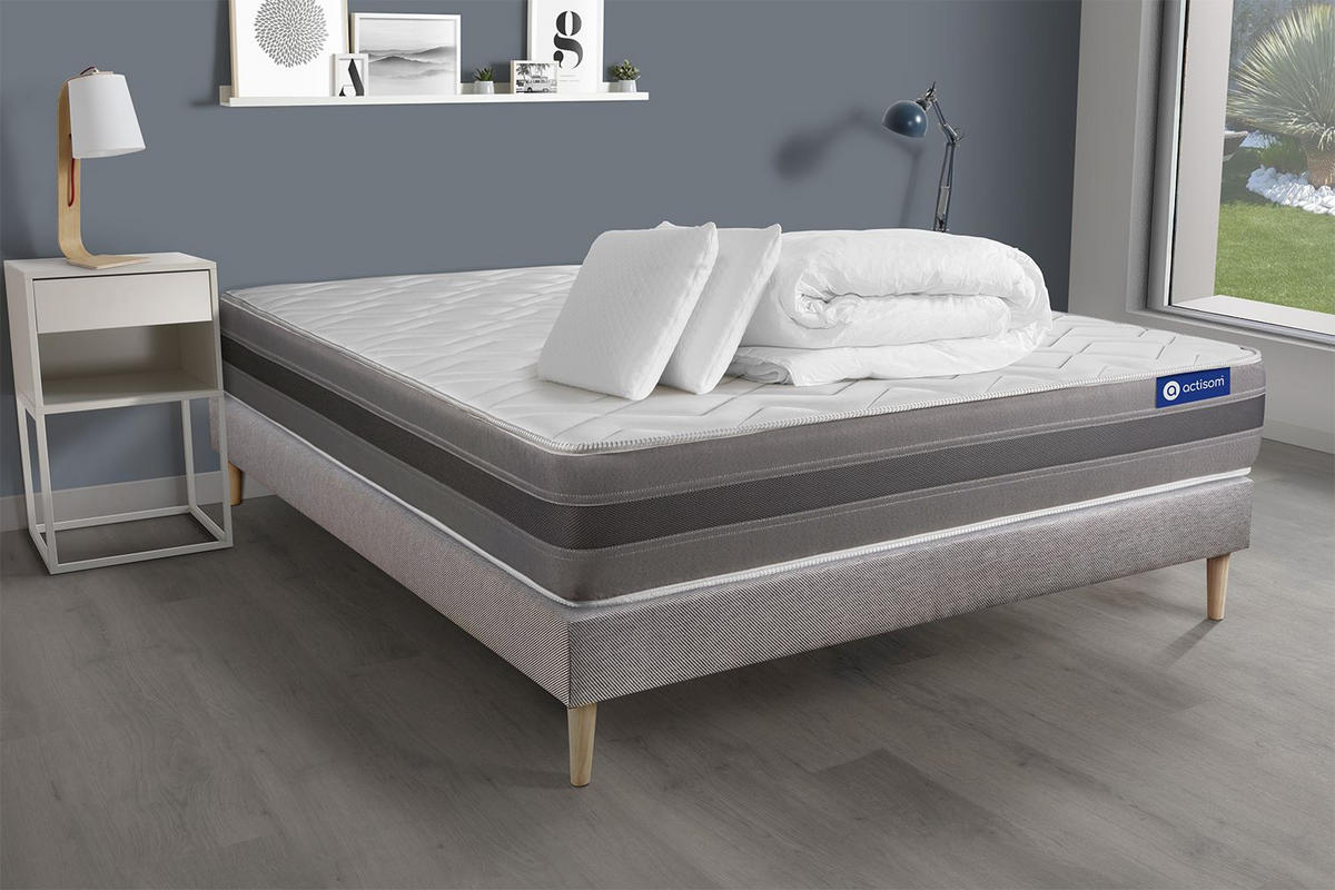 BETT Actiflex relax Taschenfederkern und Memory-Schaum 180 x 200 cm h1 - Kit Bettgestell Grau - Mit Kissen und Bettdecke - Beige/Grau, Holz/Textil (180/200cm) - ACTISOM