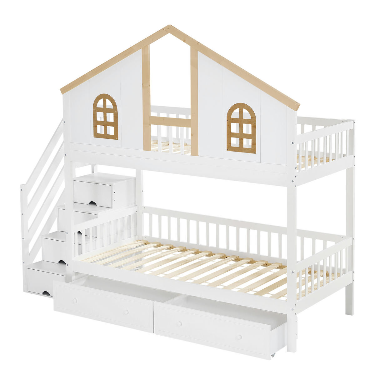 ETAGENBETT 90/200 cm mit Stauraumtreppe, 2 Schubladen, Fenstern und Fallschutz aus Kiefer massiv und MDF, Weiß/Natur - Weiß, Holzwerkstoff (90/200cm) - Redom