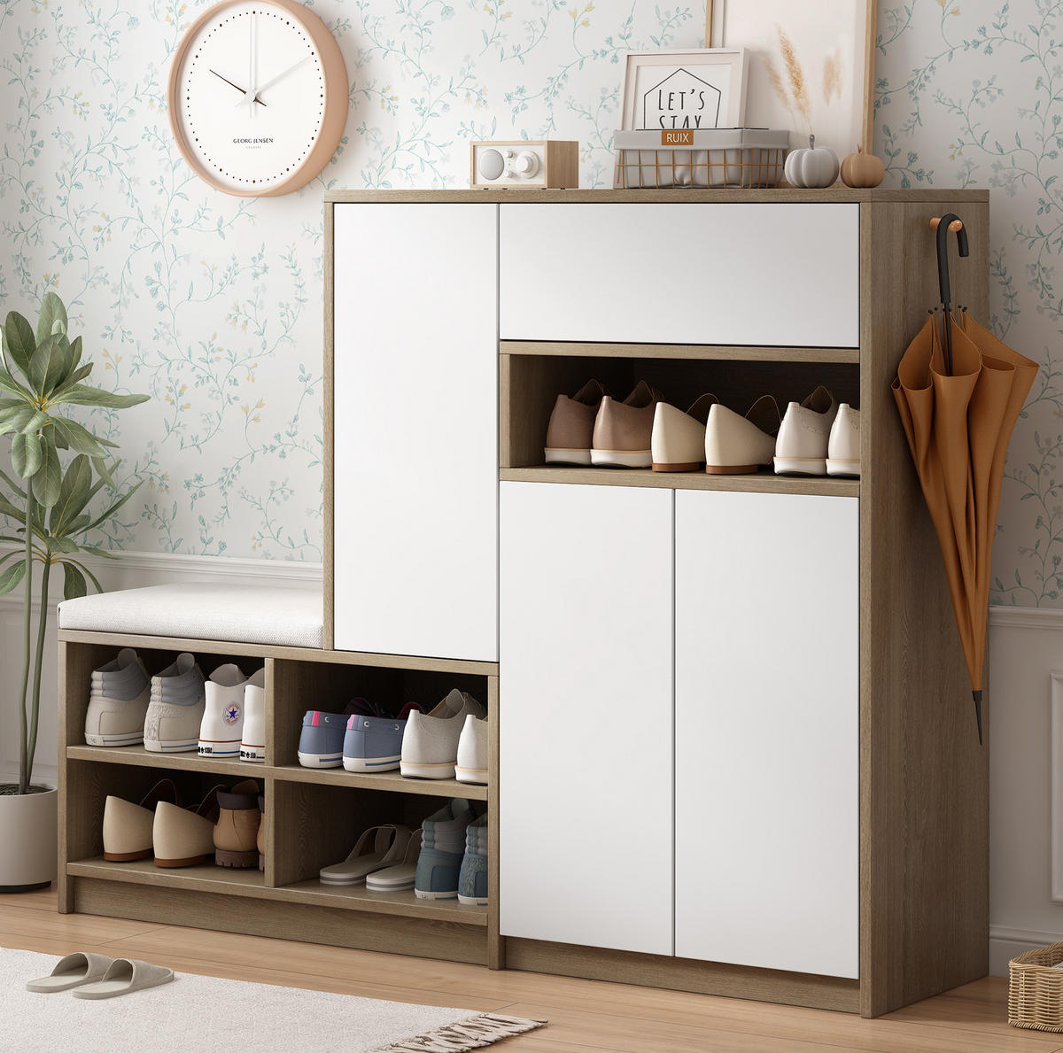 SCHUHSCHRANK 140/35/110 cm mit gepolsterter Sitzbank, verstellbaren Einlegeböden und grifflosen Türen, Weiß - Weiß, Holzwerkstoff (140/110/35cm) - Redom